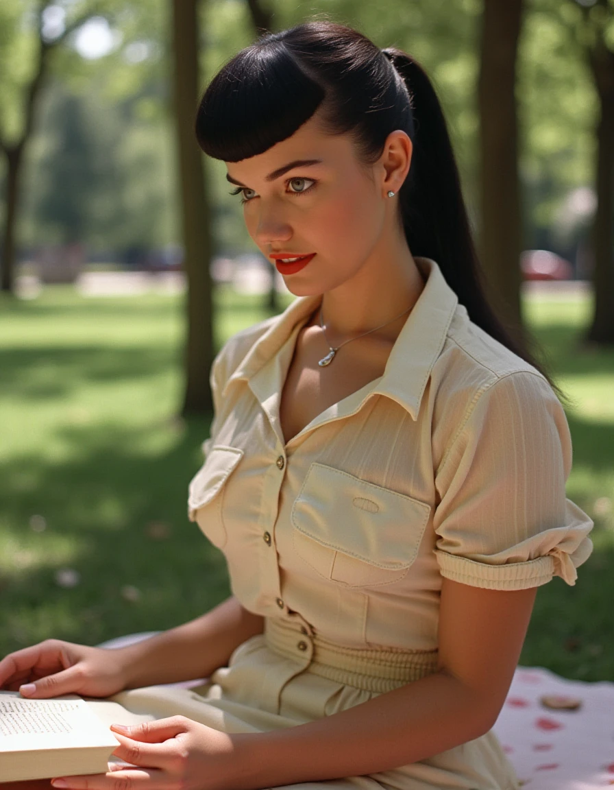 Bettie Page in a casual look, sporting a high-waisted skirt and button-up blouse, hair in a ponytail, relaxing in a sunlit park, holding a book, soft natural light, inspired by 1950s leisurewear, wholesome and approachable charm.
