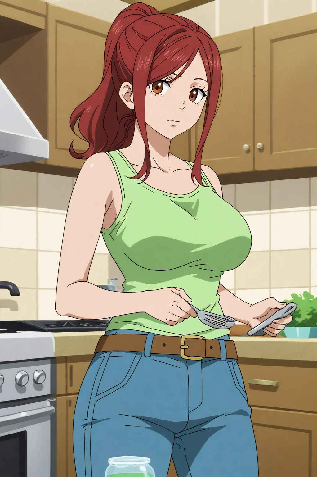 lisa isaribi,anime screencap,1girl,solo,mature,breasts,brown eyes,looking at viewer,kitchen,long hair,ponytail,tank top,denim,belt,indoors <lora:Lisa - PDXL2.safetensors:0.8>