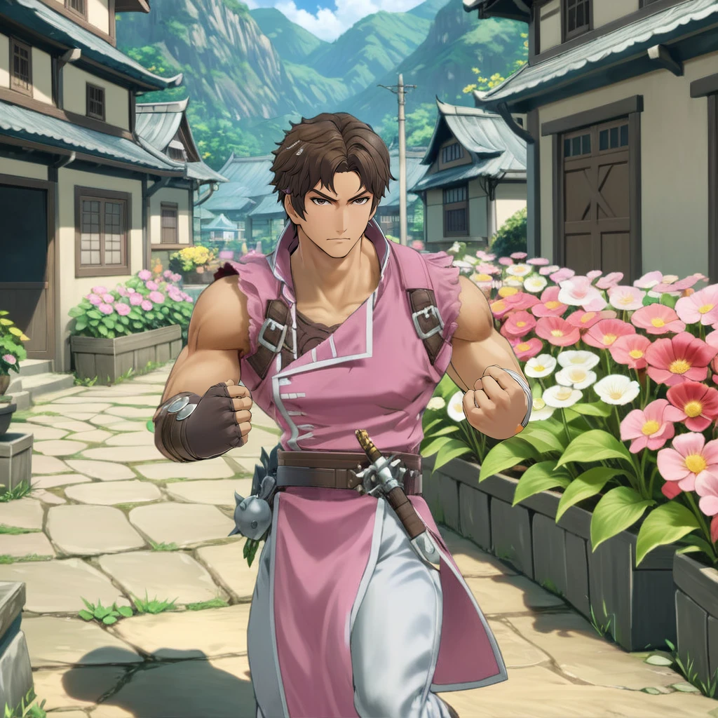 1boy, RichterBelmontXL, buying flowers, serious face, day <lora:RichterBelmontXL:.9>, brown hair, pink tunic, fists, (anime, masterpiece, intricate:1.3), (best quality, hires textures, high detail:1.2), (4k),(incredibly detailed:1.4),UHD, 8K, ultra detailed