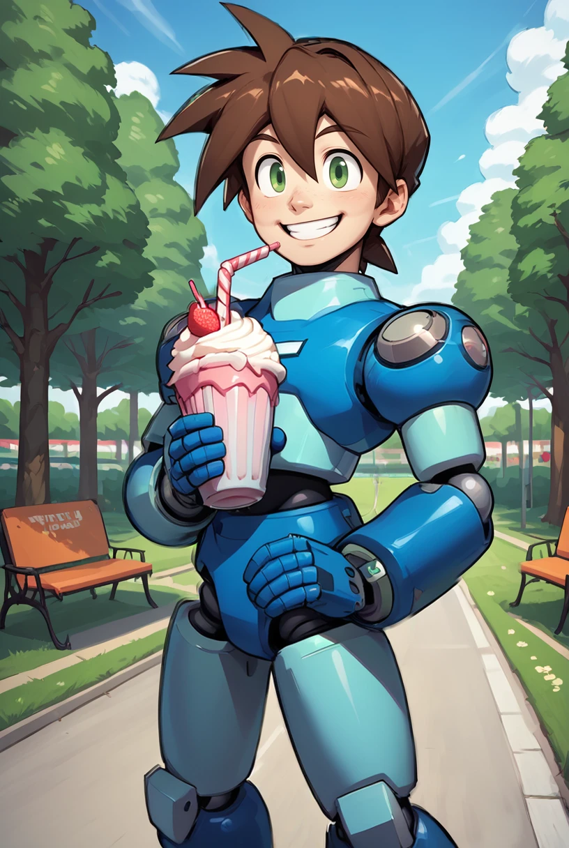 score_9, score_8_up, score_8, <lora:Rock_Volnutt_Mega_Man_Legends_for_PonyXL:0.8> 1boy, m3g4m4n, male focus, brown hair, green eyes, solo, android, hair between eyes
outdoors, park, holding milkshake, smile, grin