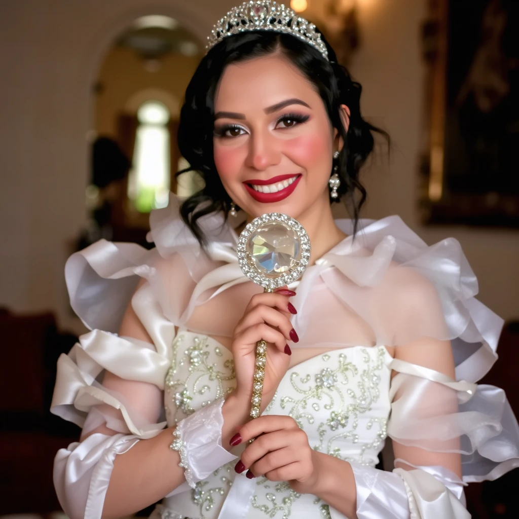 Elegant photo of a woman, wearing a large jeweled tiara, dressed in a regal gown, holding a scepter with a confident smile, full-body shot, luxurious palace background, soft ambient lighting, eye-level angle, high-resolution with rich textures, makeup with classic and glamorous features,