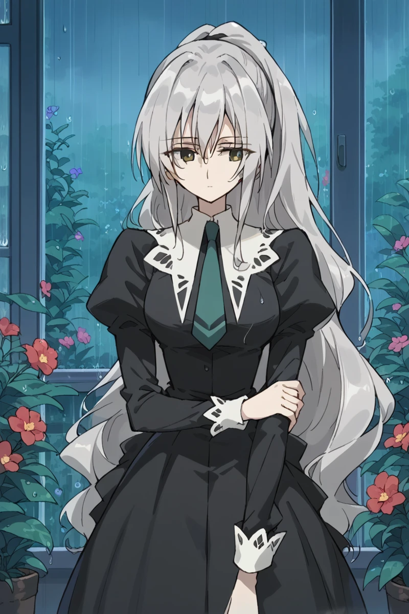 score_9, score_8_up, score_7_up, score_6_up,
 <lora:Shizuma_Hanazono:1> shizuma, 1girl, solo, long hair, rain, flower, window, plant, grey hair, ponytail, school uniform, necktie, dress, long sleeves, black dress, expressionless, miator