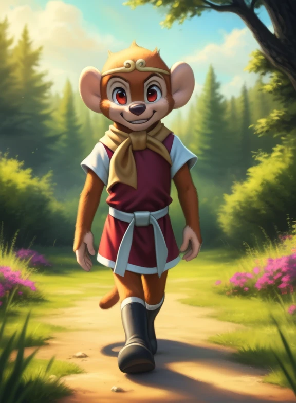 <lora:BokunoSonGokuYif:1>  BokunoSonGoku, monkey, red clothes, white belt, white sleeves, orange fur, red eyes, tail, chibi, black boots, golden headband, yellow scarf on neck,
(solo focus), Looks at the viewer,   (( walking, ))
[ large window, (nature), forest, grass, day shining, clouds, flowers, blanket, day, ]
(beautiful, aesthetic, perfect, delicate, intricate, saturated colors), masterpiece, digital drawing, best quality,
[by personalami], by smitty g, [[[by Foxovh]]], [[by Ross Tran]]