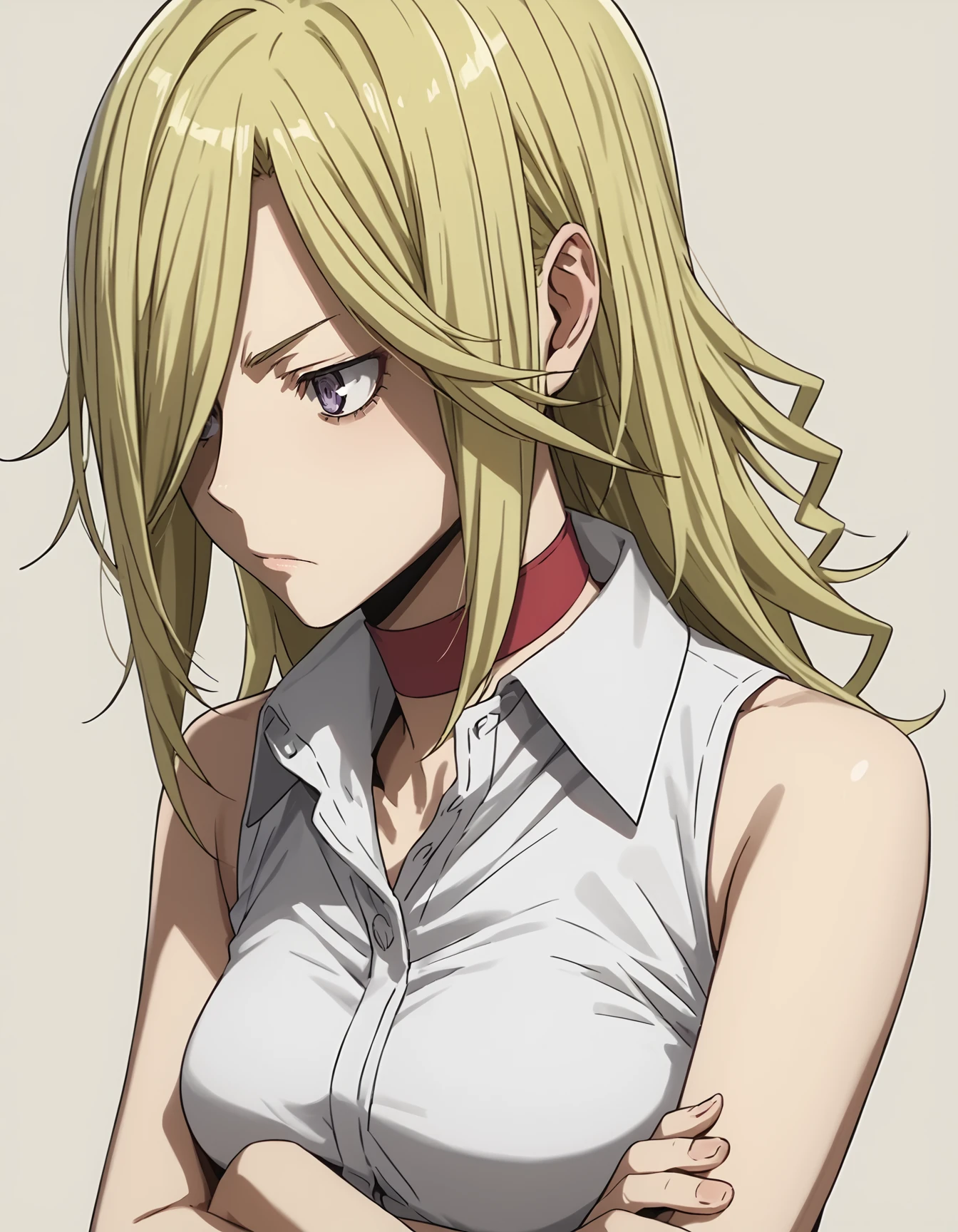 <lora:Vorona Durarara-000002:1>,  vorona durarara, sleeveless shirt, red choker, cowboy shot, arms under breasts, simple background, score_9, score_8_up, score_7_up, source_anime,