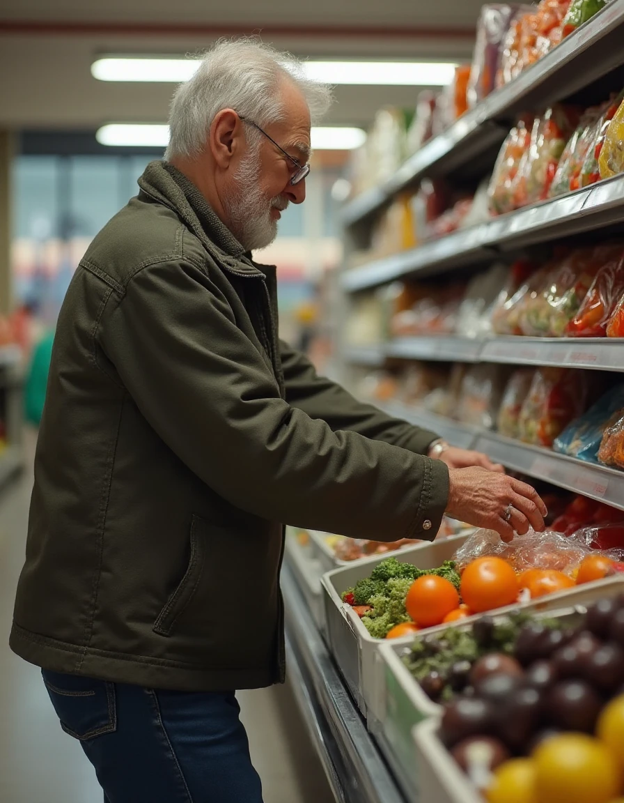 a photographic, hyper realistic (full body:1.5) pic of an old man shopping in a supermarket  <lora:OldManFluxV1_10:0.8>, detailed skin texture, (blush:0.2), (goosebumps:0.3), subsurface scattering