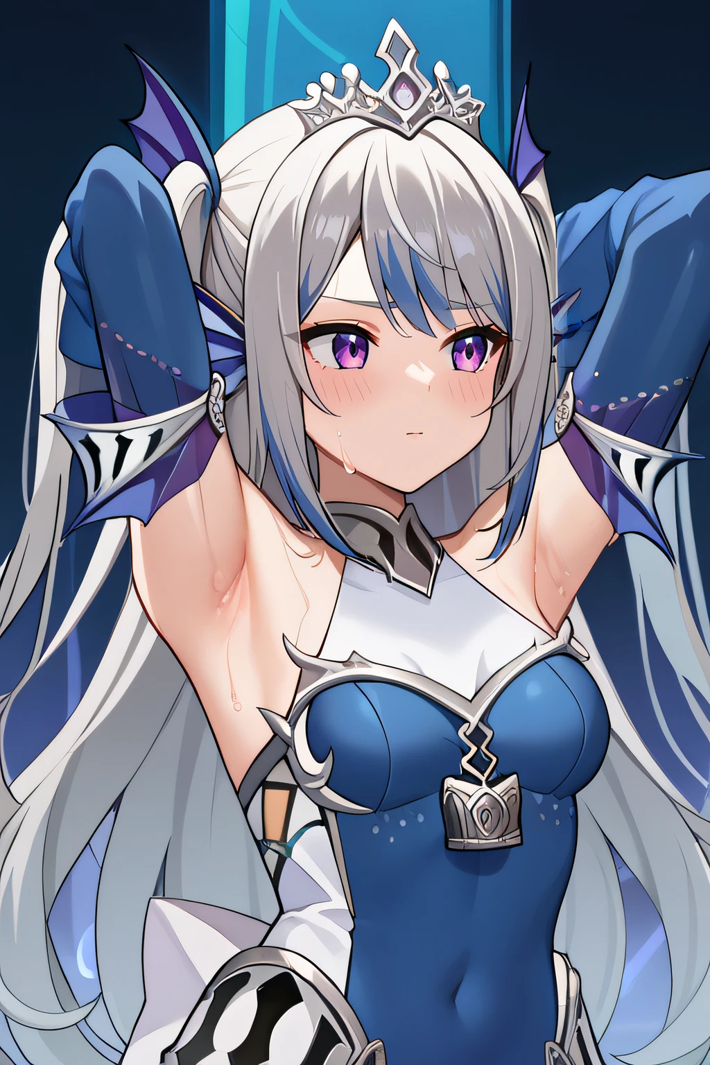 score_9, score_8_up, score_7_up, source_anime, rating_safe, intricate details, anime screencap, official style, 1girl, <lora:Tearlaments_Scheiren:1>, scheiren, grey hair, two side up, streaked blue hair, purple eyes, ear fins, tiara, head fins, tiara, blue dress, padlock, jewelry, detached sleeves, sleeves past wrists, bareshoulders, looking away, blush, arms up, armpits, wet body, sweat, upper body