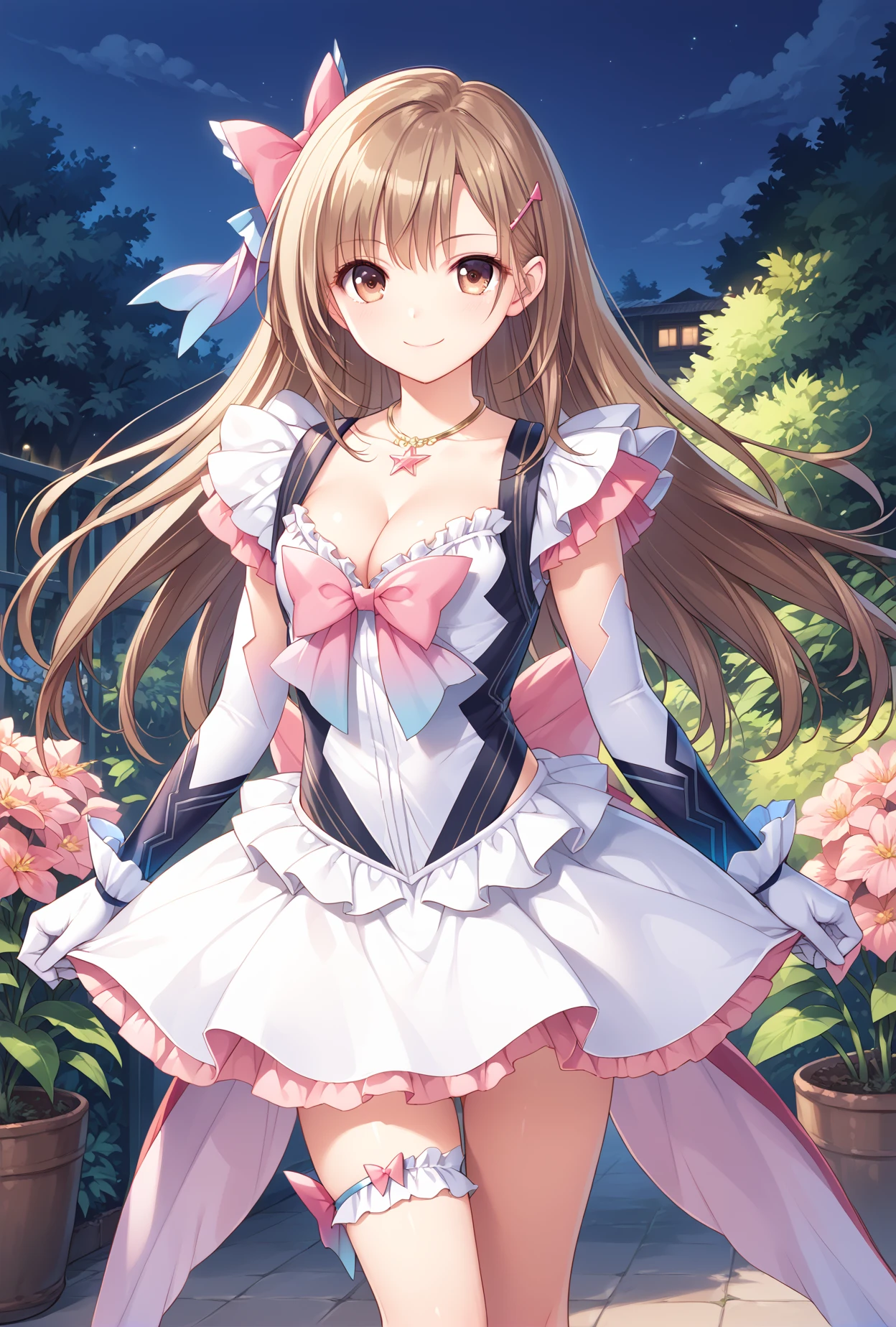 score_9, score_8_up, score_7_up,looking at viewer,
 tomo,1girl,brown hair,brown eyes,long hair, hairclip,smile,
garden,night,standing, 
skirt, dress, magical girl, frills, thigh strap,hair bow,elbow gloves, jewelry, necklace,cleavage, <lora:TomoXLPony:0.8>,<lora:hinakomagicalXLPony:0.8>