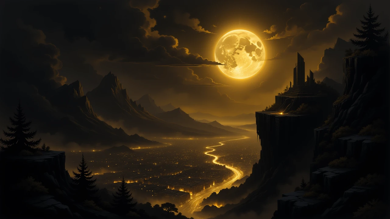 looking down from a cliff to see a breathtaking view of an obsidian city below, the golden moon shines down from above, godrays pierce the clouds as the golden glow from the city illuminates, background blur,black sky, silohouettes of tall buildings can be seen in the distance, golden ratio, dutch angle, night time,