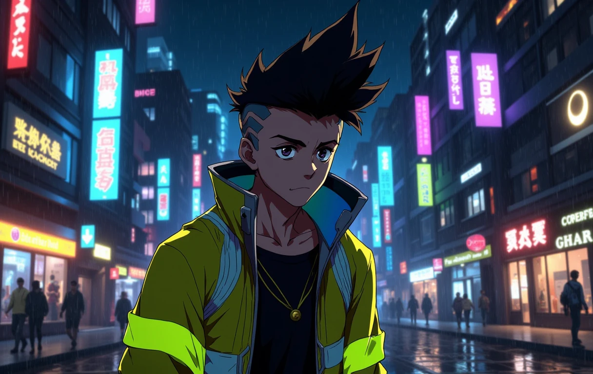 A young man,yellow jacket,cyberpunk city, anime style, night, rain, neon lights