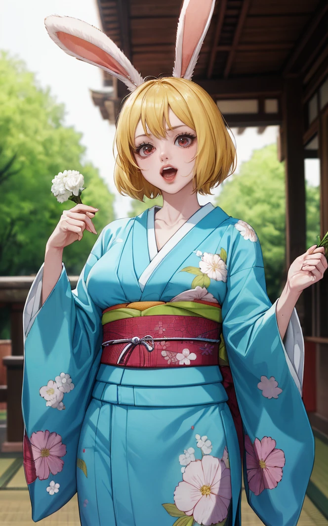 ((masterpiece, best quality)), outdoors,
Kimono_Wano_Carrot_ownwaifu,
1girl, blonde hair, rabbit girl, furry female, short hair, rabbit tail,  large breasts, rabbit ears, animal ears, collarbone, red eyes, white fur, animal nose, body fur, buck teeth, bangs, groin, white skin, 
japanese clothes, kimono, obi, sash, floral print, 
(wariza)<lora:ONEPIECE_Wano_Carrot_ownwaifu:0.7>,
 depth of field, bokeh, vanishing point, solo, looking at viewer, insaneres, absurdres,