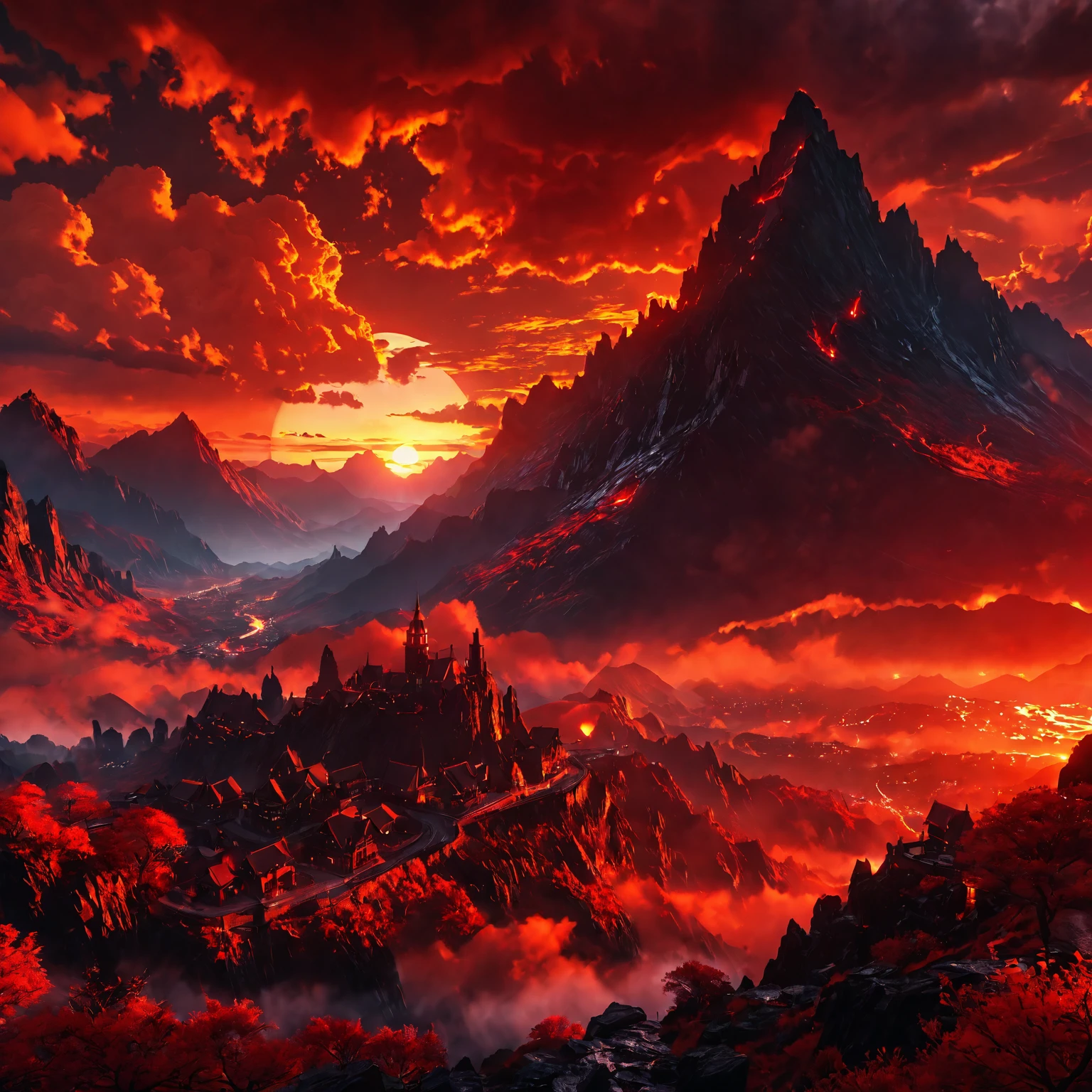 Role-playing game (RPG) style fantasy cityscape, black craggy mountains, red theme, setting sun, cloudy sky, <lora:fireSDXL:1>, elementalplanefire, best quality, masterpiece, 4k, uncensored, prefect lighting, rating_explicit, very aesthetic, detailed, <lora:add_details_xl:0.6>, very detailed, <lora:SDXLHighDetail_v5:0.6> . Detailed, vibrant, immersive, reminiscent of high fantasy RPG games