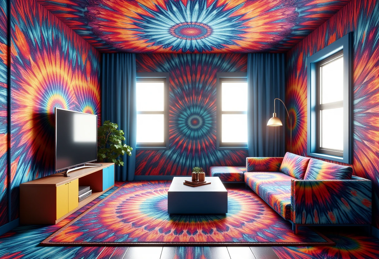 <lora:tiedye:1> eptiedyeworld modern room with walls and floor with a couch and tv with a table with windows with curtains, with eptiedyeworld pattern on everything,