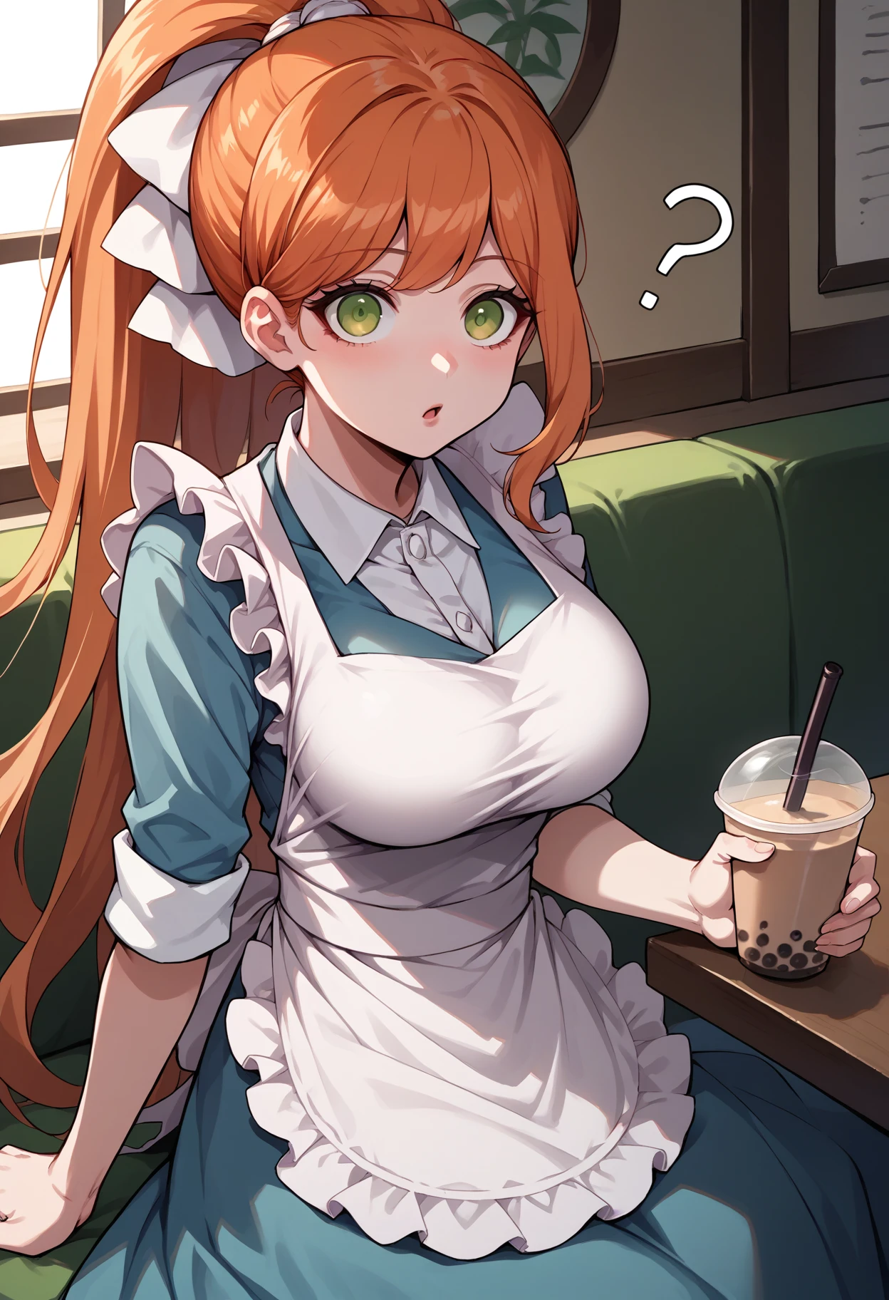 score_9, score_8_up, score_7_up, source_anime, 1girl, sitting, looking at viewer, chestnut mouth, bubble tea, ?, <lora:ChisaDR-pdxl:1> chiDR, orange hair, long hair, high ponytail, hair ribbon, white ribbon, green eyes, collared shirt, white shirt, blue dress, large breasts, frilled apron, sleeves rolled up, indoors, cafe