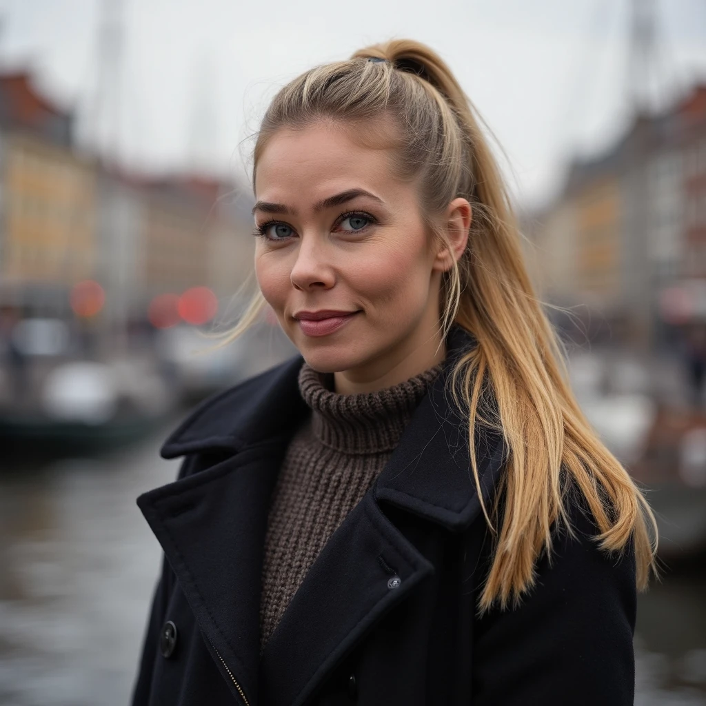 briborgen woman, blonde, jacket, pullover, elegant,  in kobenhavn, ponytail, looking at viewer, 