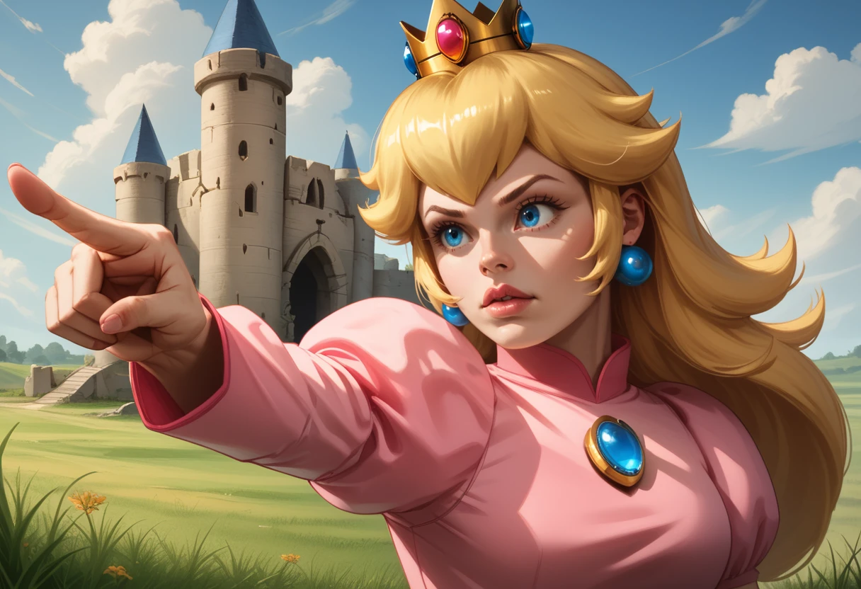 zPDXL3,realistic, 1girl, solo, pwobjection, Princess Peach, pointing index finger forward, grassy field, stone castle, upper body,  <lora:Objection_Pose_-_Pony:1>