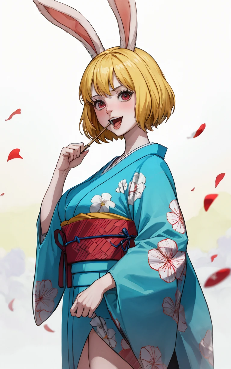 (masterpiece, best quality:1.4), insaneres, absurdres, solo, looking at viewer,BREAK 
Kimono_Wano_Carrot_ownwaifu,
1girl, blonde hair, rabbit girl, furry female, short hair, rabbit tail,  large breasts, rabbit ears, animal ears, collarbone, red eyes, white fur, animal nose, body fur, buck teeth, bangs, groin, white skin, 
japanese clothes, kimono, obi, sash, floral print, 
(contrapposto, from side, looking down, cowboy shot), falling petals, red petals, simple background, bokeh,  <lora:ONEPIECE_Wano_Carrot_ownwaifu:0.85>, solo,