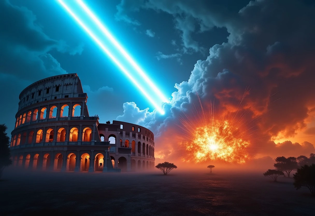 RAW photo, (photo flash:1.5) (aerial photography) (dramatic style), realistic shot, realistic photo style, sharp focus, an orbital attack from the sky strikes thr Roman Coliseum, huge blue beam ray striking the ground with explosions and fire, dark cloudy sky opened by the ray with a light shockwave, white lighted horizon, cinematic volumetric lighting, wide shot with Sony Fx6