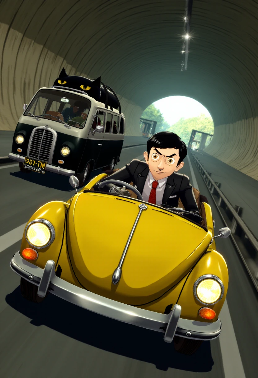 p5style, Mr Bean sitting, driving a small yellow british car in an underground tunnel. There is a black minivan with cat ears following behind him.  