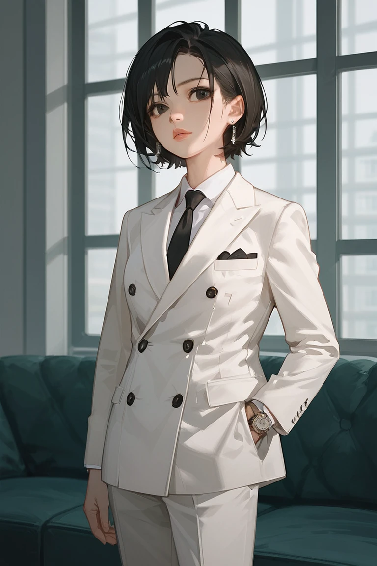 score_9, score_8_up, score_7_up, score_6_up, source_anime, double-breasted suits, 1girl, solo, black hair, formal, jewelry, suit, necktie, earrings, pants, jacket, shirt, standing, hand in pocket, short hair, window, black eyes, watch, black jacket, wristwatch, white shirt, lips