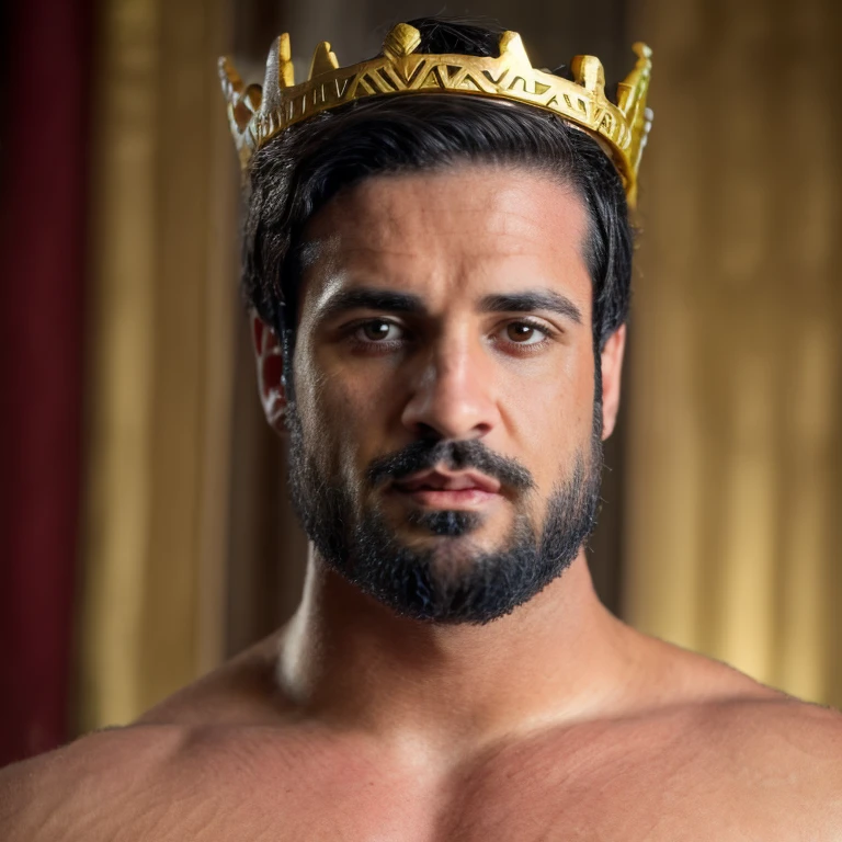 logan franklin, man, male focus, beard, black hair, topless, pectorals, (wearing a golden laurel crown), greek clothes, detailed, realistic, 8k,  <lora:Logan_Franklin:1>