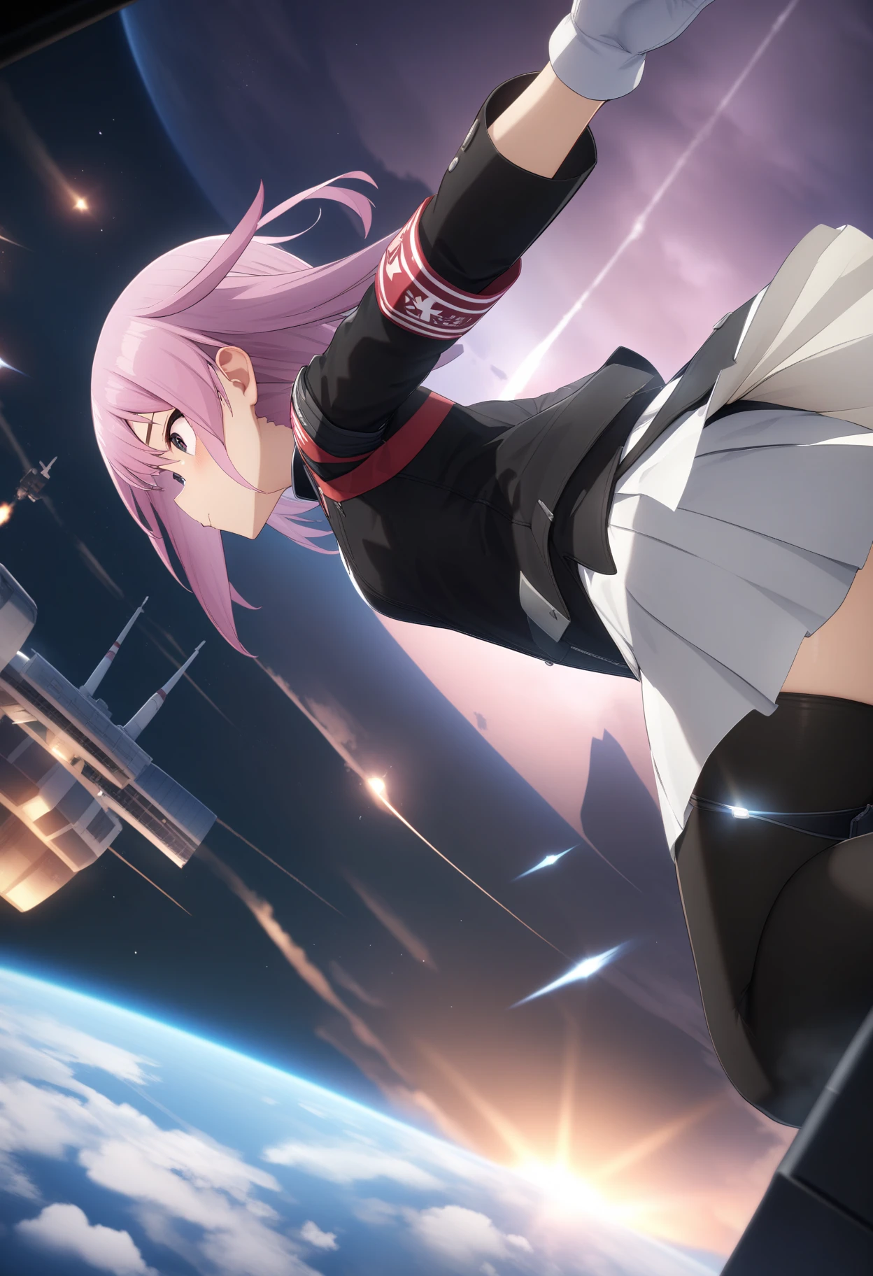 masterpiece,best quality,very aesthetic,absurdres,intricate details,1girl,<lora:yotsuyu_v1.3:1>,yotsuyu,animacion_y,armband,black jacket,white miniskirt,white gloves,black thighhighs,black footwear,
light_blush,Space Station,starry_sky,flying,face_focus,profile,rim light,metallic luster,, masterpiece,best quality, very aesthetic, absurdres, ultra detailed, high resolution, 4k, extremely detailed CG,