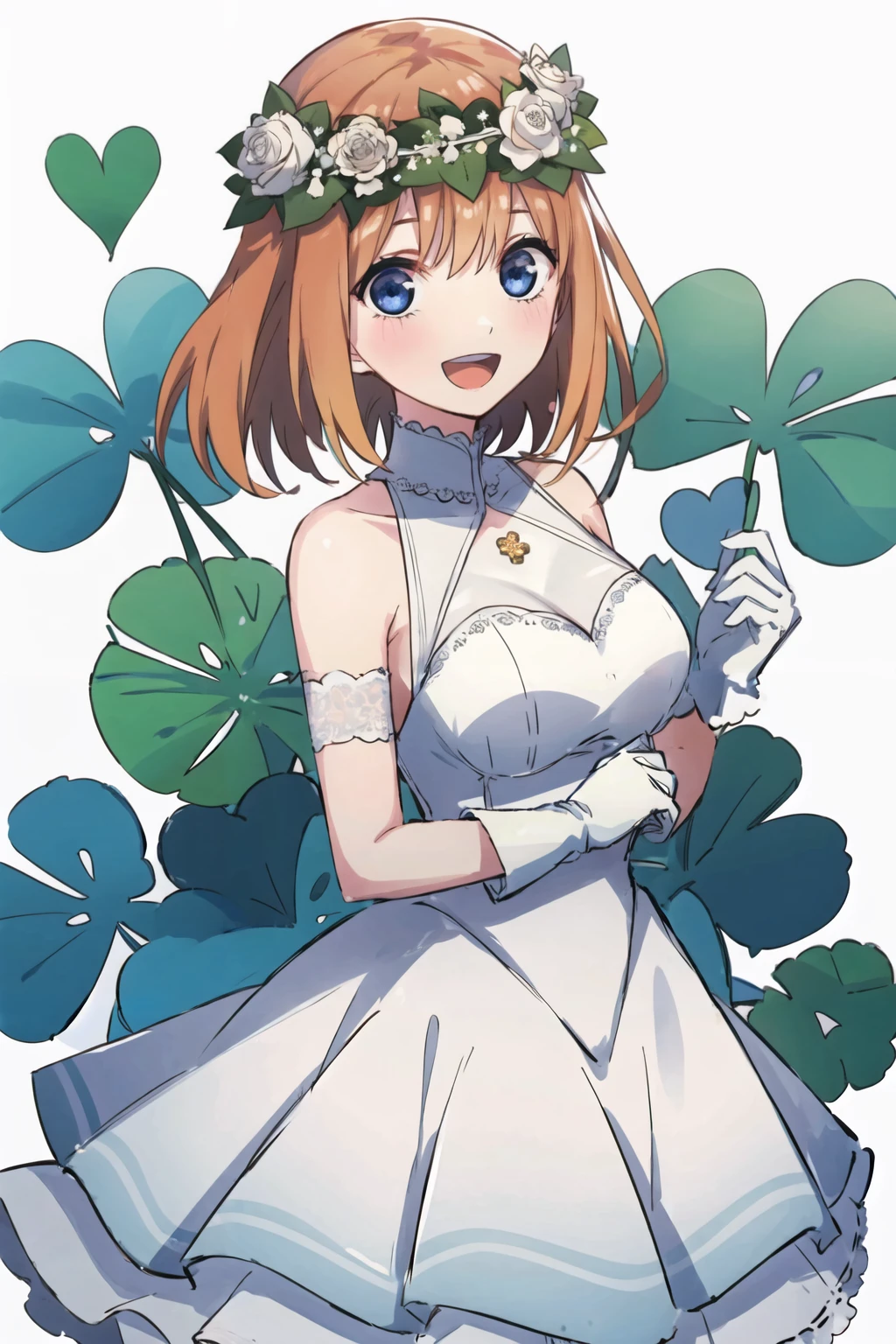 1girl,Nakano Yotsuba,green hairband,orange hair,blue eyes,ribbon,hair between eyes,green ribbon,:d,smile,
white dress,bare shoulders,head wreath,wedding dress,white gloves,head wreath,elbow gloves,
simple background,white background,cowboy shot,heart,(four-leaf clover,) wedding,leaf,flower,
masterpiece,best quality,<lora:NakanoYotsuba v2.2:0.8>,