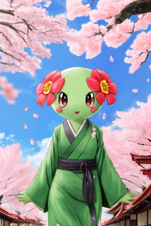 bellossom wearing a green kimono, cherry blossoms, 
in a cherry blossom orchard in Japan
by pokémon, by pokemon
<lora:bellossom:0.5>