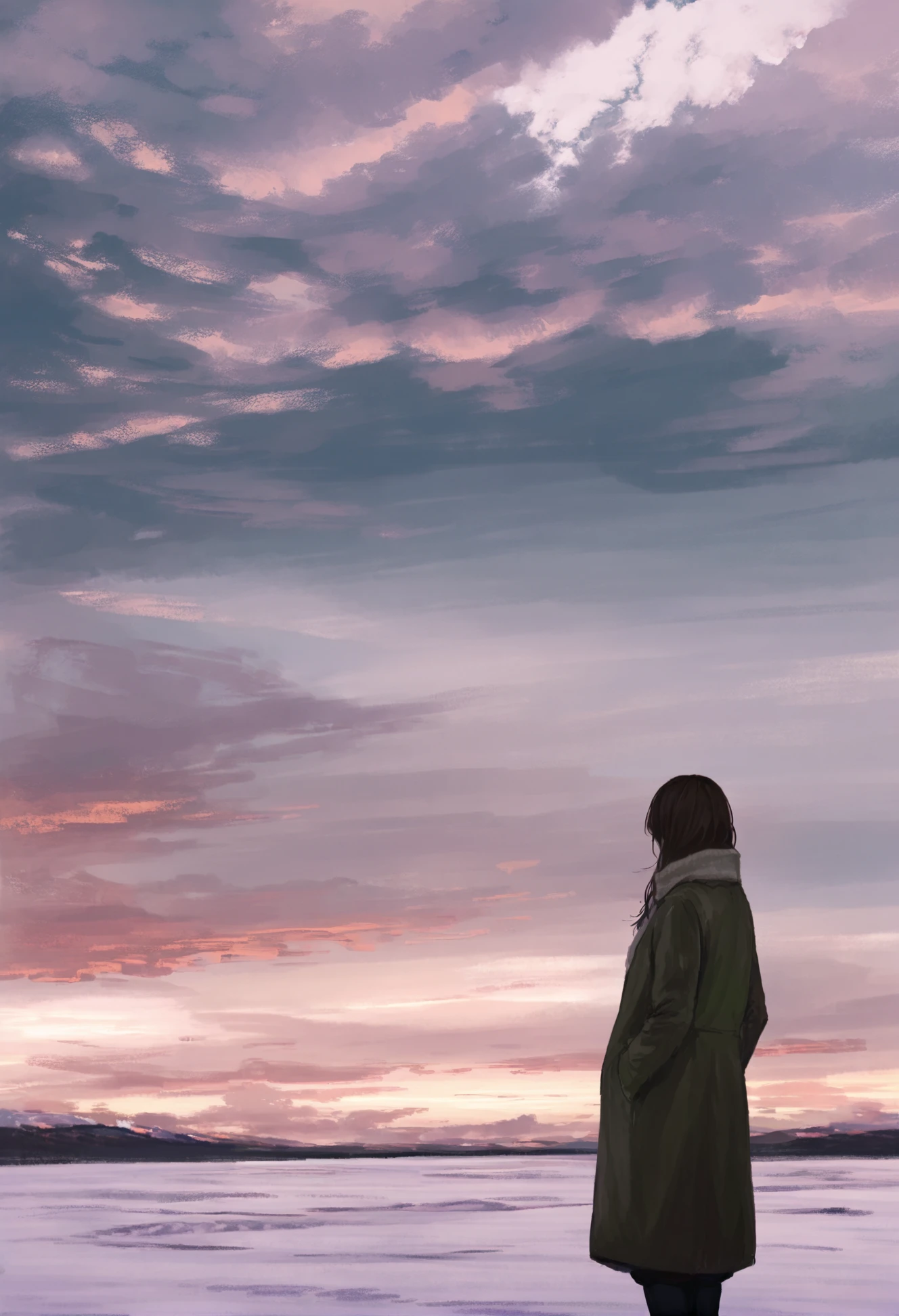 masterpiece, best quality,1girl, solo, scenery, long hair, cloud, outdoors, sky, scarf, coat, cloudy sky, standing, mittens 
  <lora:darumakareiXLlokr4f-000184:0.95>