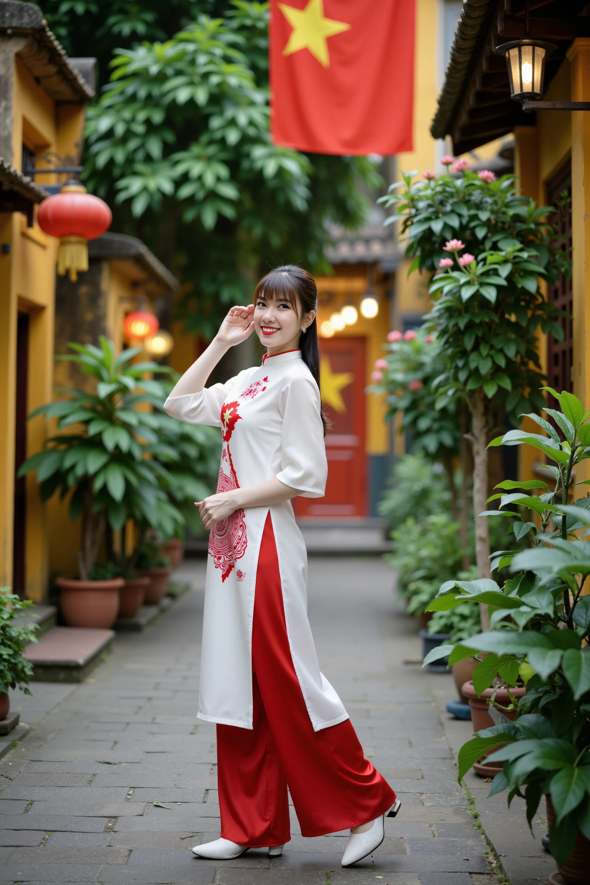 HanoiGirl, Aodai, The scene captures a serene moment in the heart of Hanoi’s old town. A young woman stands gracefully on a paved path, surrounded by lush greenery. She wears an elegant traditional Vietnamese dress called an “Ao Dai.” The Ao Dai is a symbol of Vietnamese culture and heritage, and this particular one is a beautiful blend of white fabric adorned with vietnam map red patterns. The dress flows down to her ankles, its long sleeves gently swaying in the evening breeze. Paired with red silk trousers
The woman’s face remains hidden, perhaps adding an air of mystery to the composition. The overall ambiance is enchanting—the soft glow of streetlights illuminating the ancient architecture, the faint scent of blooming flowers, and the distant hum of city life.On Hanoi's Old Quarter, each house hangs the Vietnamese national flag, creating a vibrant red image of the street space.
In this snapshot, tradition meets modernity, and the past intertwines with the present. It’s a captivating glimpse into the timeless charm of Hanoi, where history and beauty coexist harmoniously.