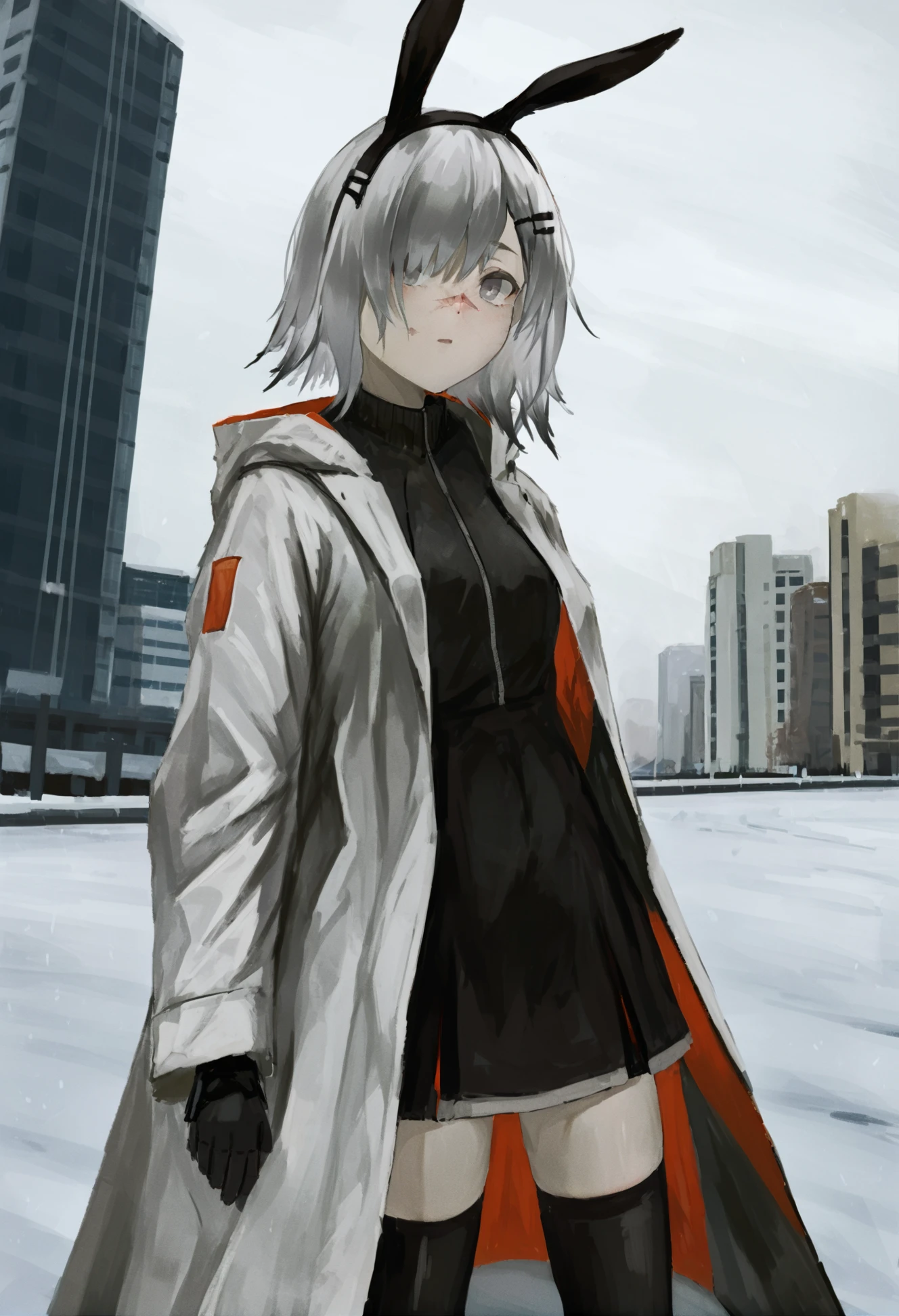 masterpiece, best quality,frostnova \(arknights\), 1girl, animal ears, hair over one eye, rabbit ears, thighhighs, outdoors, grey eyes, hairclip, hair ornament, looking at viewer, long hair, black thighhighs, snowing, building, coat, scar, grey hair, scar on face, open clothes, black dress, cowboy shot, dress, zettai ryouiki, scar on nose, hood, city, solo, solo focus, snow, white hair 
  <lora:darumakareiXLlokr4f-000184:0.95>