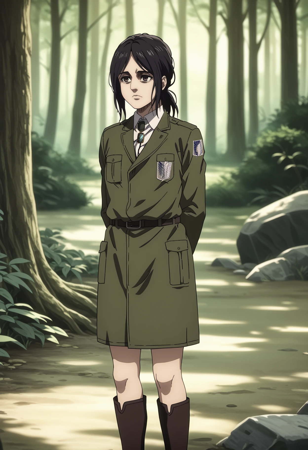 score_9, score_8_up, score_7_up, anime screencap, BREAK
1girl, pieck, pieckjaegerist, black hair, ponytail, black eyes, brooch, military uniform, green long coat, survey corps \(emblem\), knee boots,
serious, solo, arms behind back, forest, standing <lora:Pieck_byKonan:1>