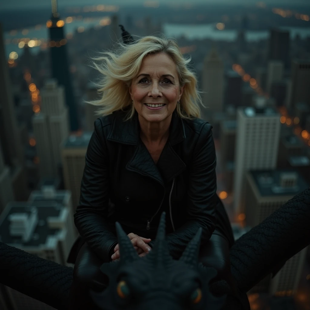 cocode, woman, gilf, pensioner, 55yo, blonde hair, brown eyes, riding on a dragons back, flying over new york at night, hair in wind, clothes in wind, cinematic, wild ride, movie still,