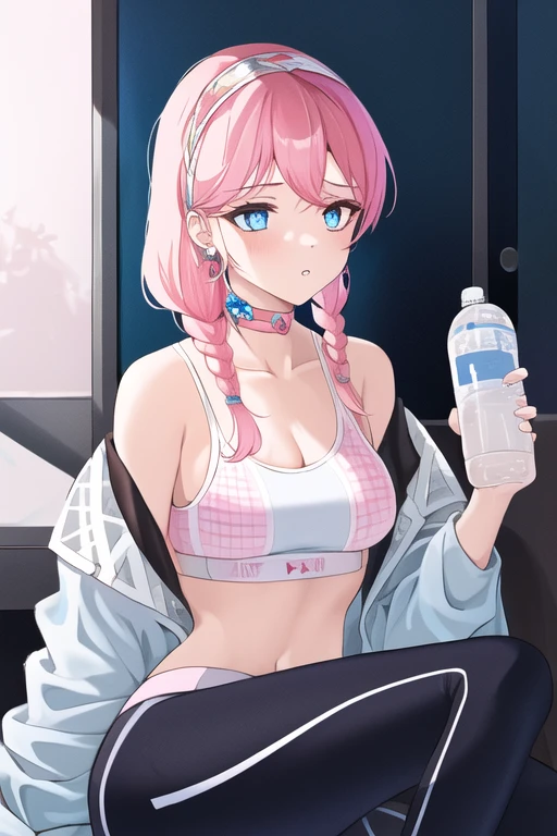 1girl, blue poison, pink hair,sports bra, black leggings,(pink) choker,jewelry earrings,blue eyes,white pupil,off shoulder,  holding bottled water, parted lips, white hairband, sitting,, masterpiece, best quality,, <lora:hipoly_3dcg_v7-epoch:0.3:lbw=NF>