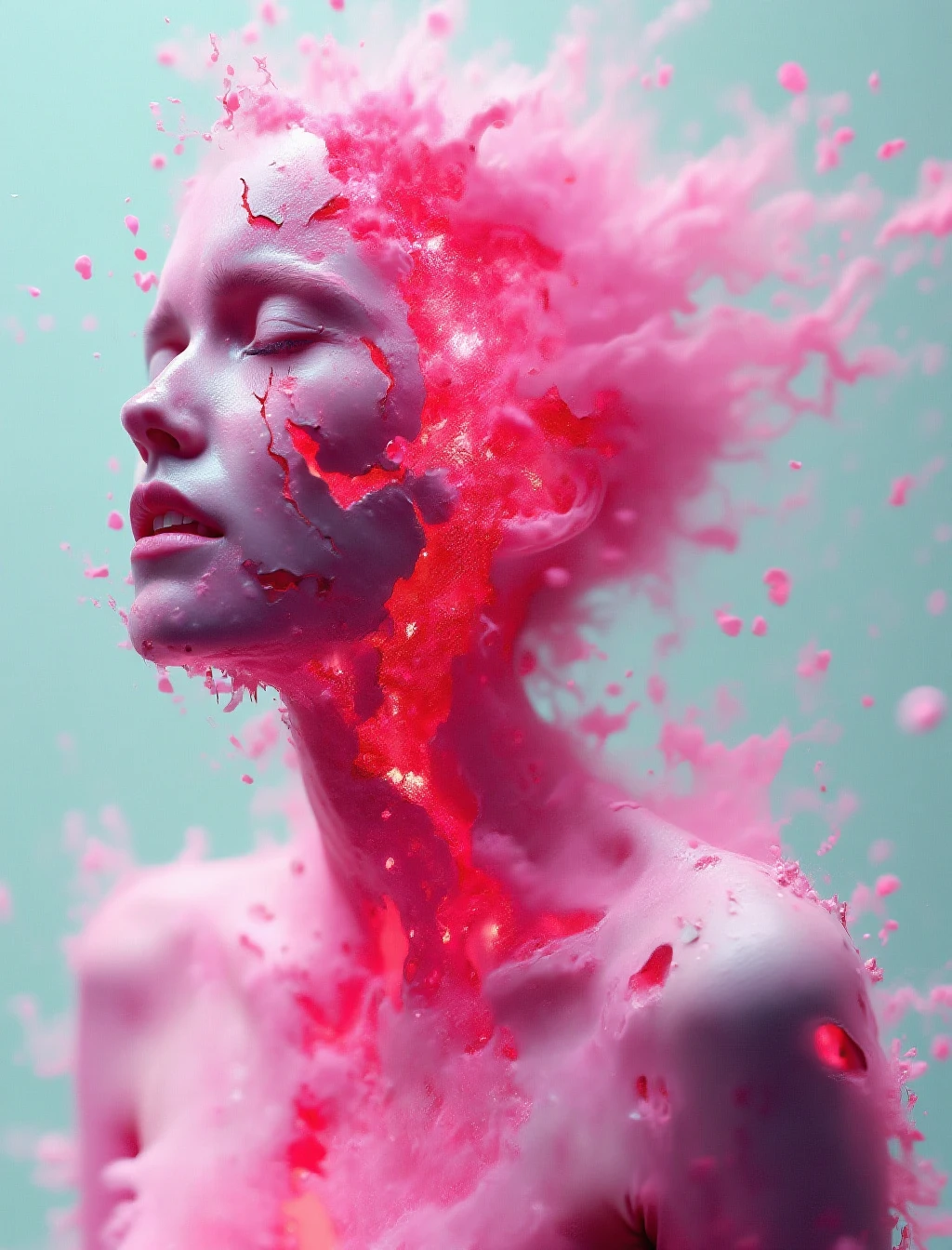 close up of a female disintegrating, pink disintegration, blemeshes, futuristic, hyperrealism, disintegration, burning, turn to ash, kneeling, defeated