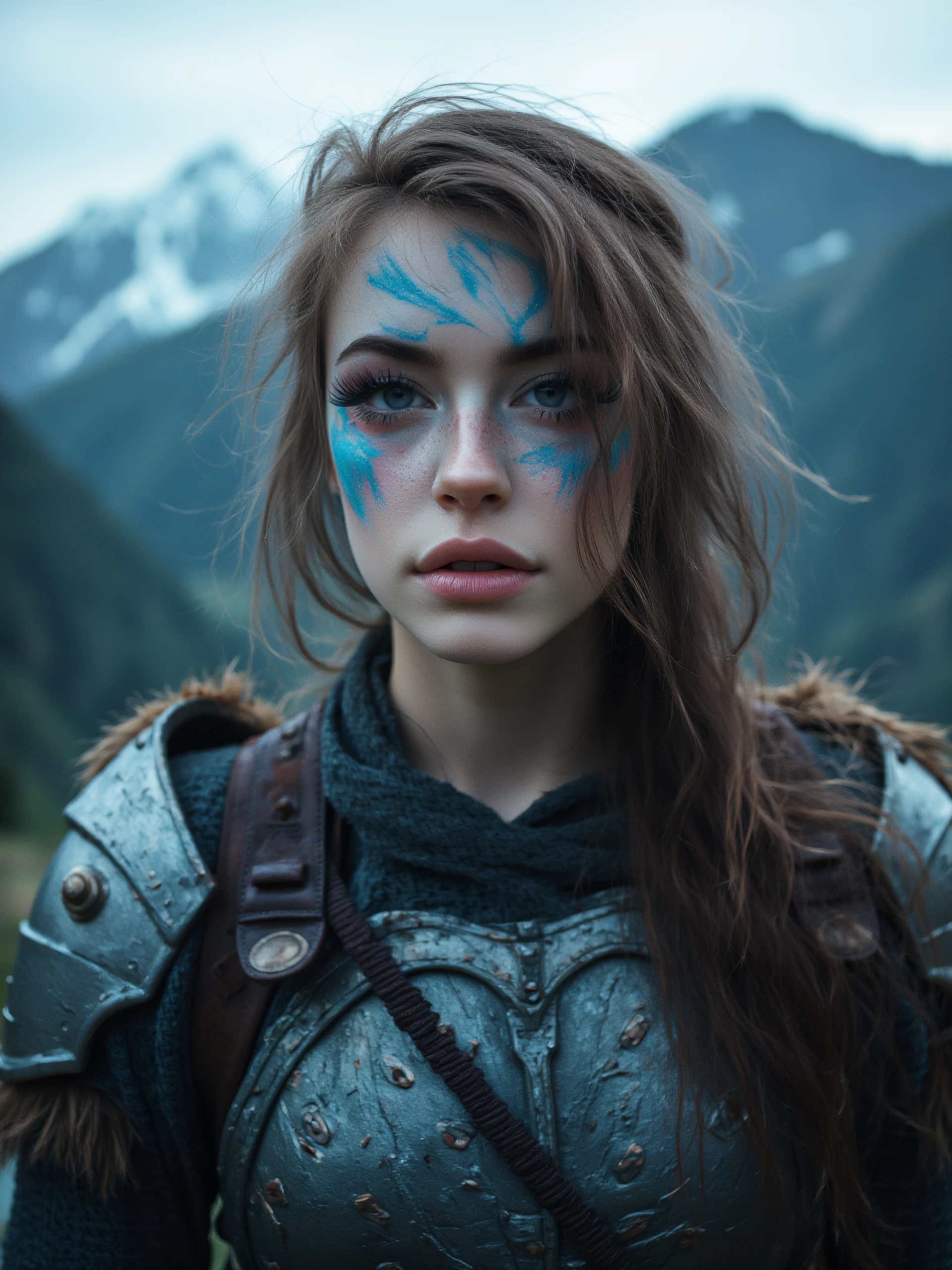 hnnhw woman adorned in viking warrior armor. her face is painted with blue war paint. she stairs intensely at the viewer. portrait. the background is bokah of highland mountains.