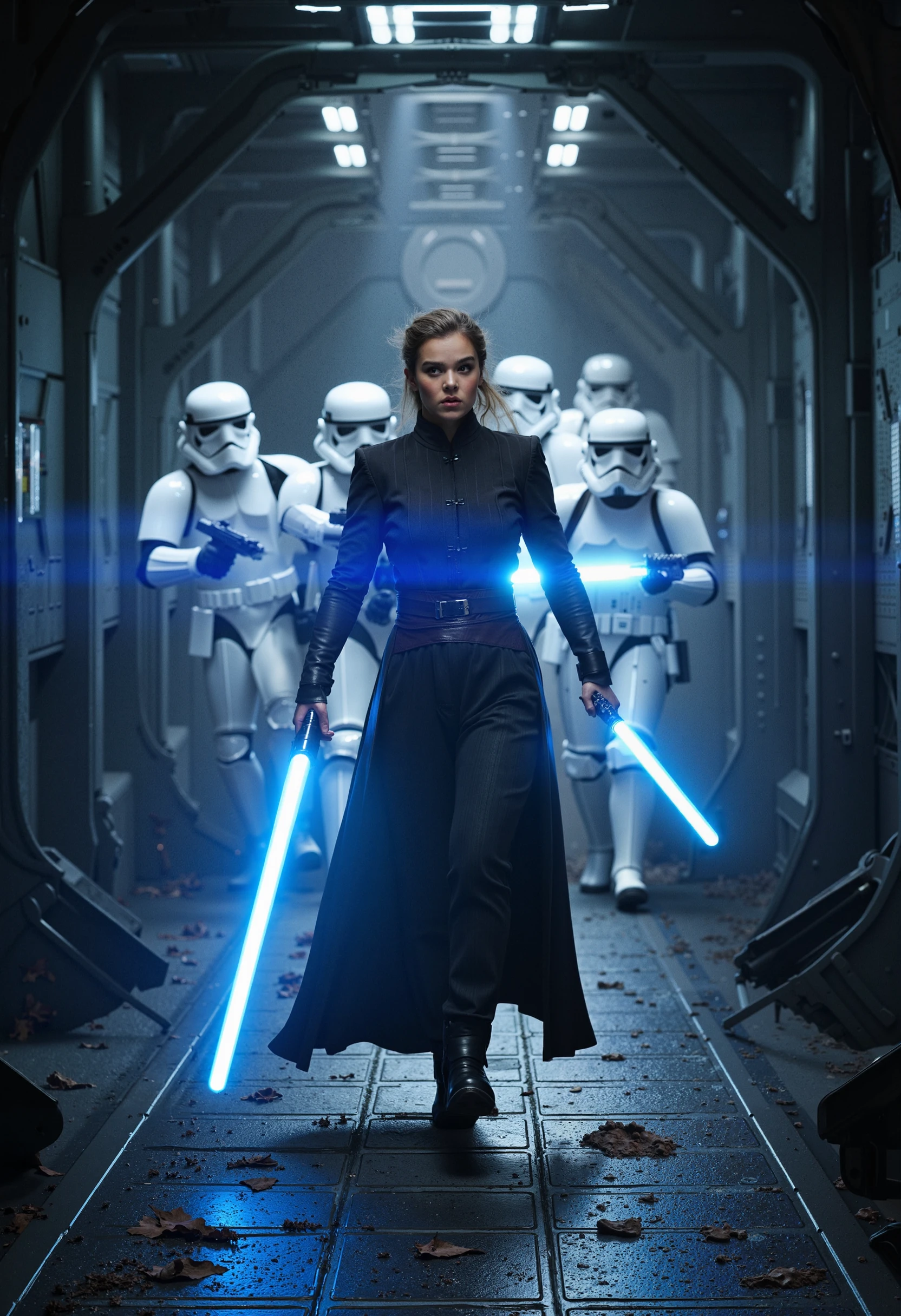 In a dimly lit, battle-scarred corridor of an Imperial starship, haileesteinfeld, a fierce and determined Jedi Knight, stands at the center of the action. Her lightsaber, glowing a brilliant shade of blue, hums with energy as it deflects incoming blaster fire from a squad of stormtroopers.
The stormtroopers, clad in their iconic white armor, advance in tight formation, their blasters firing in a relentless barrage. haileesteinfeld moves with a fluid grace, her Jedi robes flowing as she twists and turns, dodging shots and returning them with precise strikes of her saber. The corridor’s metallic walls reflect the flashes of light from the ongoing battle, casting shadows that dance with the movement of the combatants.
haileesteinfeld’s expression is one of calm focus, her senses heightened by the Force. She uses her connection to the Force to anticipate the troopers' moves, sidestepping blaster bolts with ease. With a swift motion, she leaps into the air, her lightsaber spinning in a deadly arc, cutting through two stormtroopers in a single strike. She lands lightly on her feet, her saber held ready as she faces the remaining troopers.
Around her, the corridor is littered with the fallen bodies of stormtroopers, their once orderly ranks now in disarray. The sounds of battle echo through the ship—a mix of blaster fire, the hum of the lightsaber, and the distant alarms signaling the chaos haileesteinfeld has brought to the heart of the Empire.
With a final push, she uses the Force to send a wave of energy down the corridor, knocking the remaining stormtroopers off their feet. She then charges forward, her lightsaber a blur of blue light, dispatching the last of her enemies with swift, precise strikes. As the last stormtrooper falls, haileesteinfeld deactivates her saber, the corridor falling into a tense, quiet stillness. She stands victorious, breathing steadily, her gaze already focused on the next challenge that lies ahead.