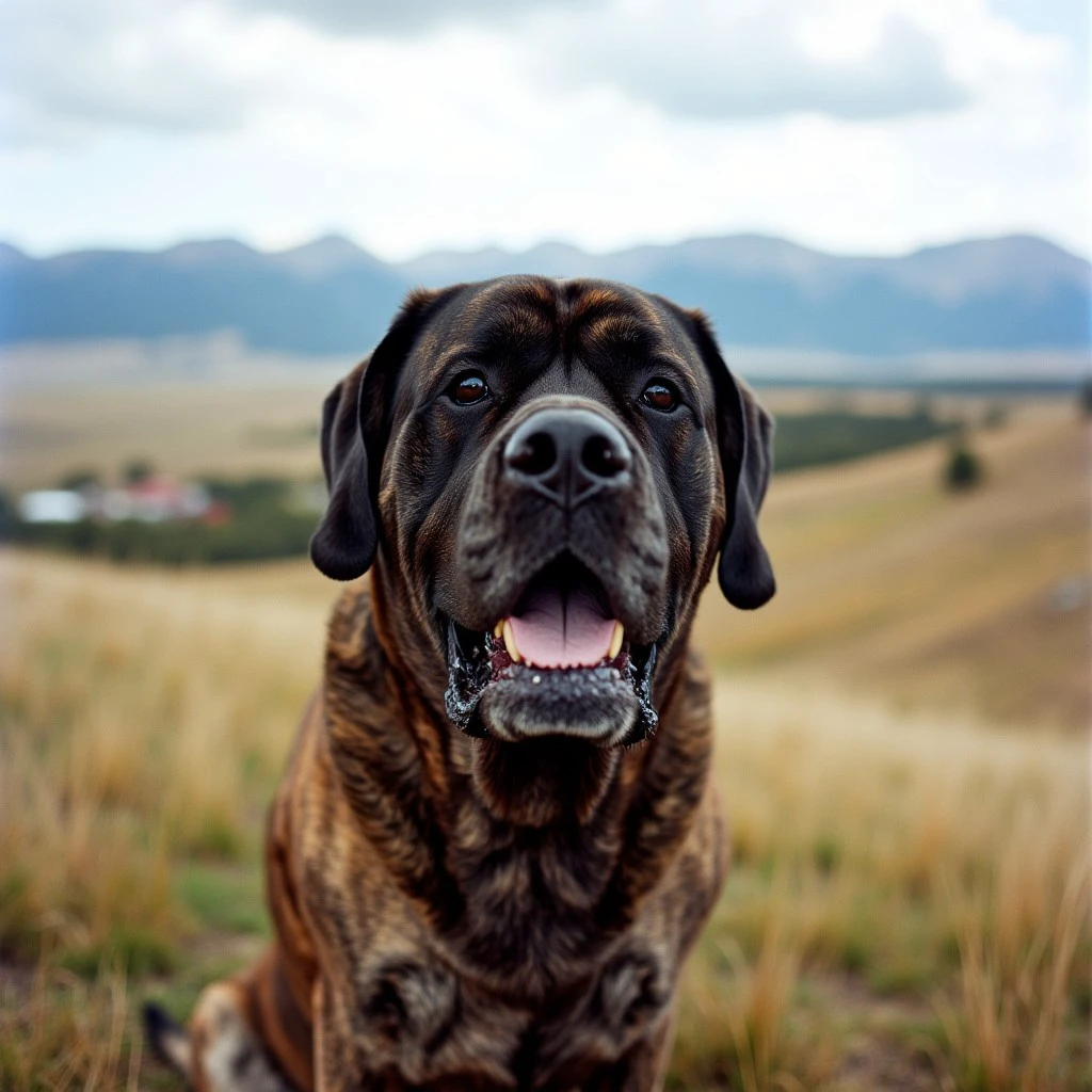 Brindle English Mastiff, up-close face shot, award-winning Nat-Geo photograph, sitting on a grassy Montana hilltop overlooking rural rangeland with distance Montana mountains, masterpiece, dynamic play of light, high blacks, rich colors, 35mm photograph, Kodachrome