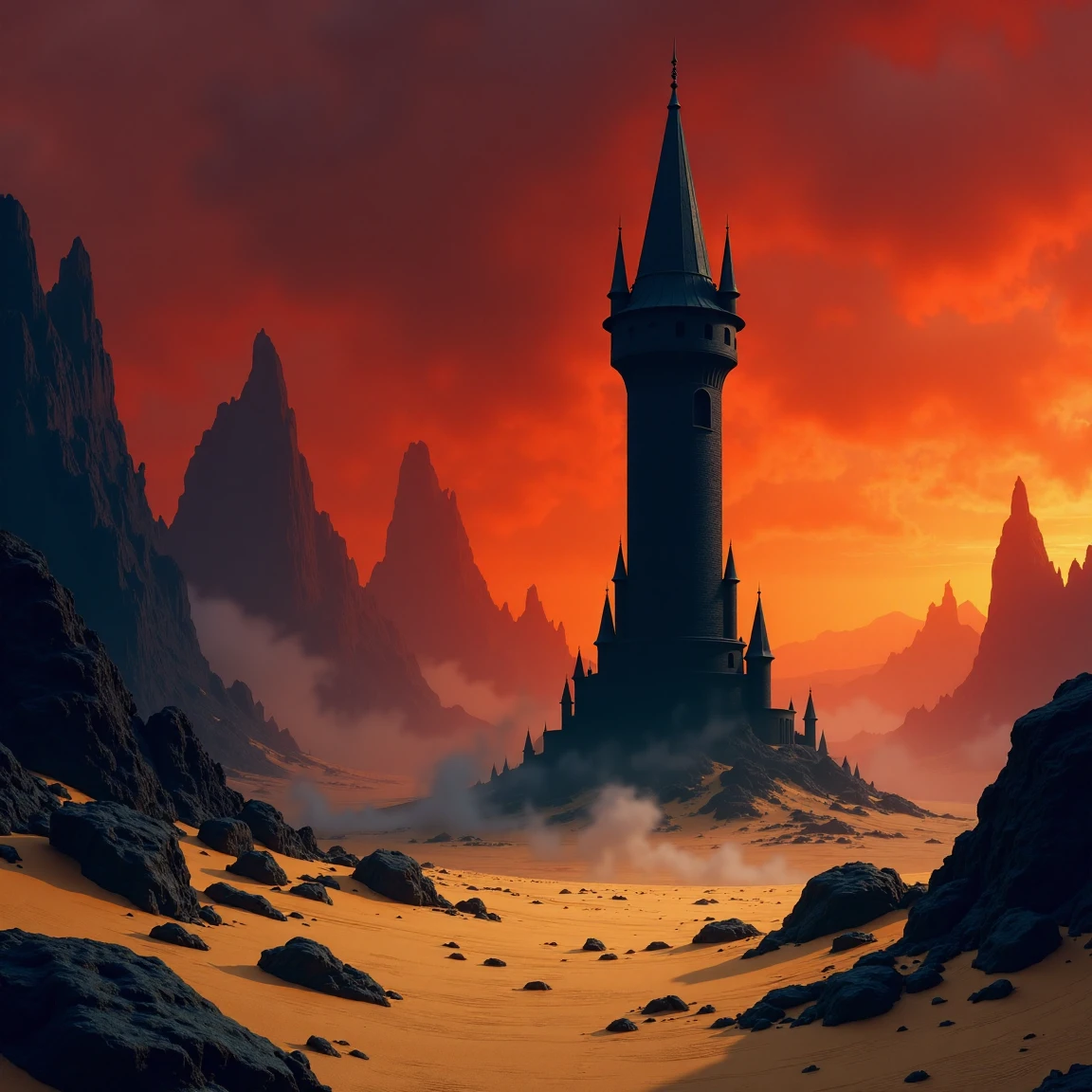 a black sooty wizard's tower stands alone in a rocky sandy plain in the style of fantasy art, the sky is a dark red, there are distant rocky mountains, the scene is reminiscent of the elemental plane of fire from the world of 'Dungeons and Dragons', <lora:Elemental_Planes-Fire:1>