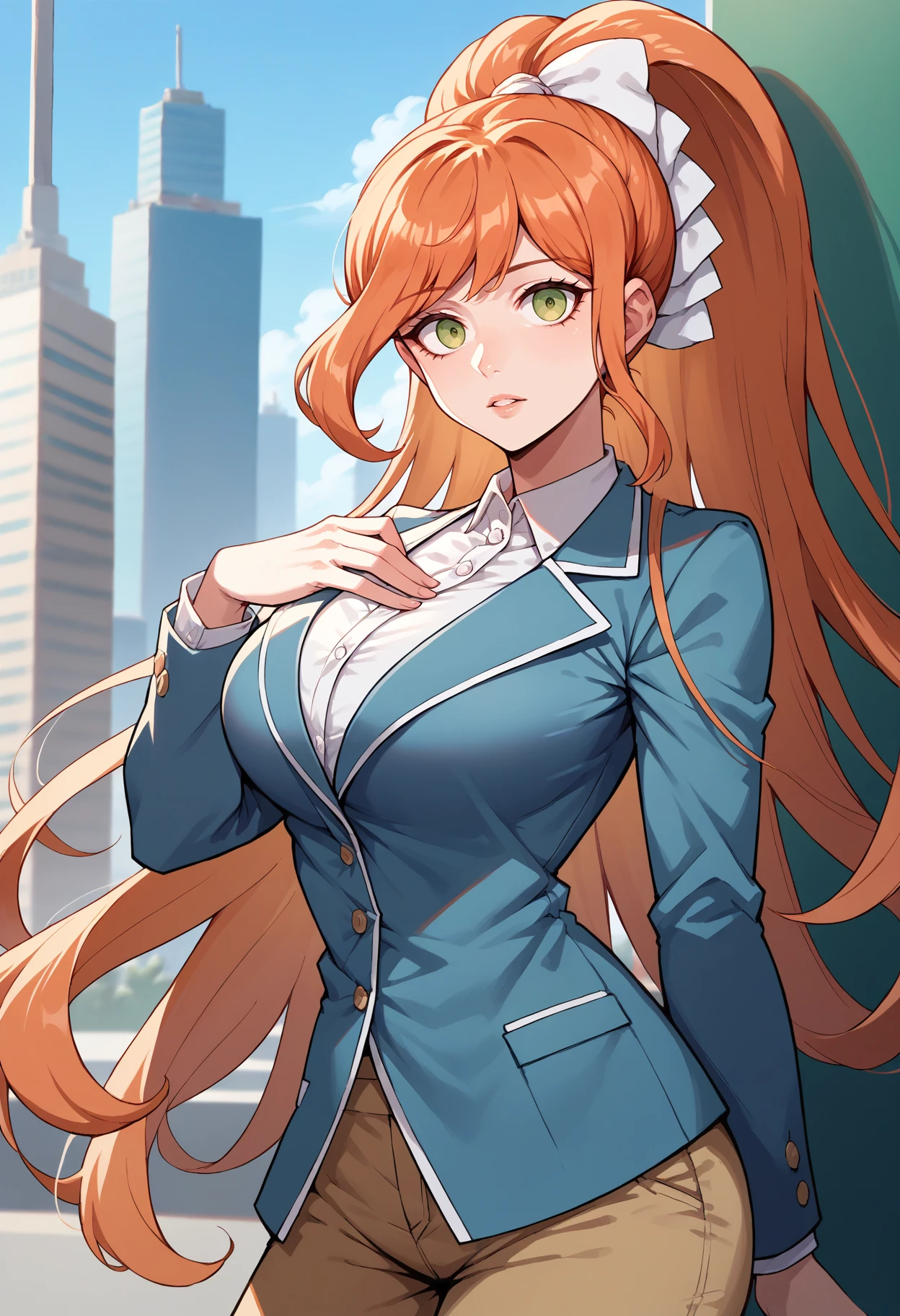 score_9, score_8_up, score_7_up, source_anime, 1girl, standing, looking at viewer, parted lips, hand on own chest, <lora:ChisaDR-pdxl:1> chiDR, orange hair, long hair, high ponytail, hair ribbon, white ribbon, green eyes, collared shirt, white shirt, blue blazer, large breasts, long sleeves, pants, cityscape