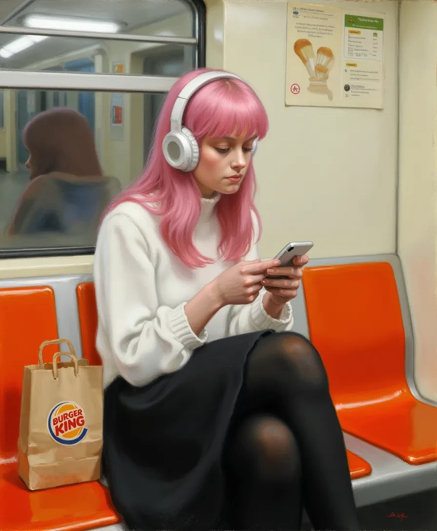 Full body portrait of a pink haired girl sitting on an orange metro seat in a subway train in finland, browsing her phone with headphones on, classical art style, a paper bag next to her on the seat with the logo of "Burger King" on it
