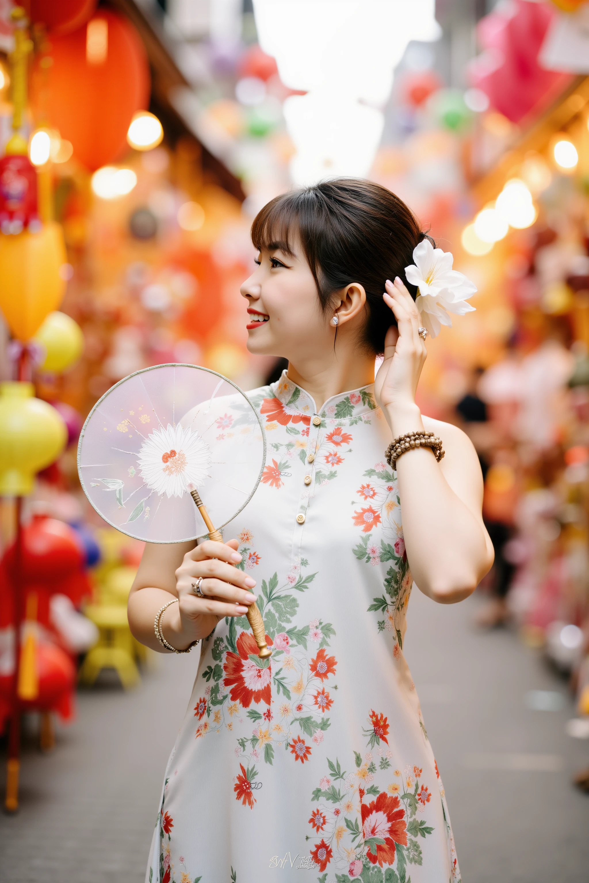 HanoiGirl, MidAutumn, A young woman dressed in a floral-patterned traditional Vietnamese dress, known as an Ao Dai, stands gracefully amidst a vibrant street market filled with colorful lanterns and festive decorations. smile with mouth closed. She holds a delicate hand fan with a floral design, gently touching her ear with the other hand. Her serene expression and the soft white flower in her hair add to the elegant and peaceful atmosphere. The scene is lively, with an array of bright colors and festive items surrounding her, capturing the essence of a traditional celebration.