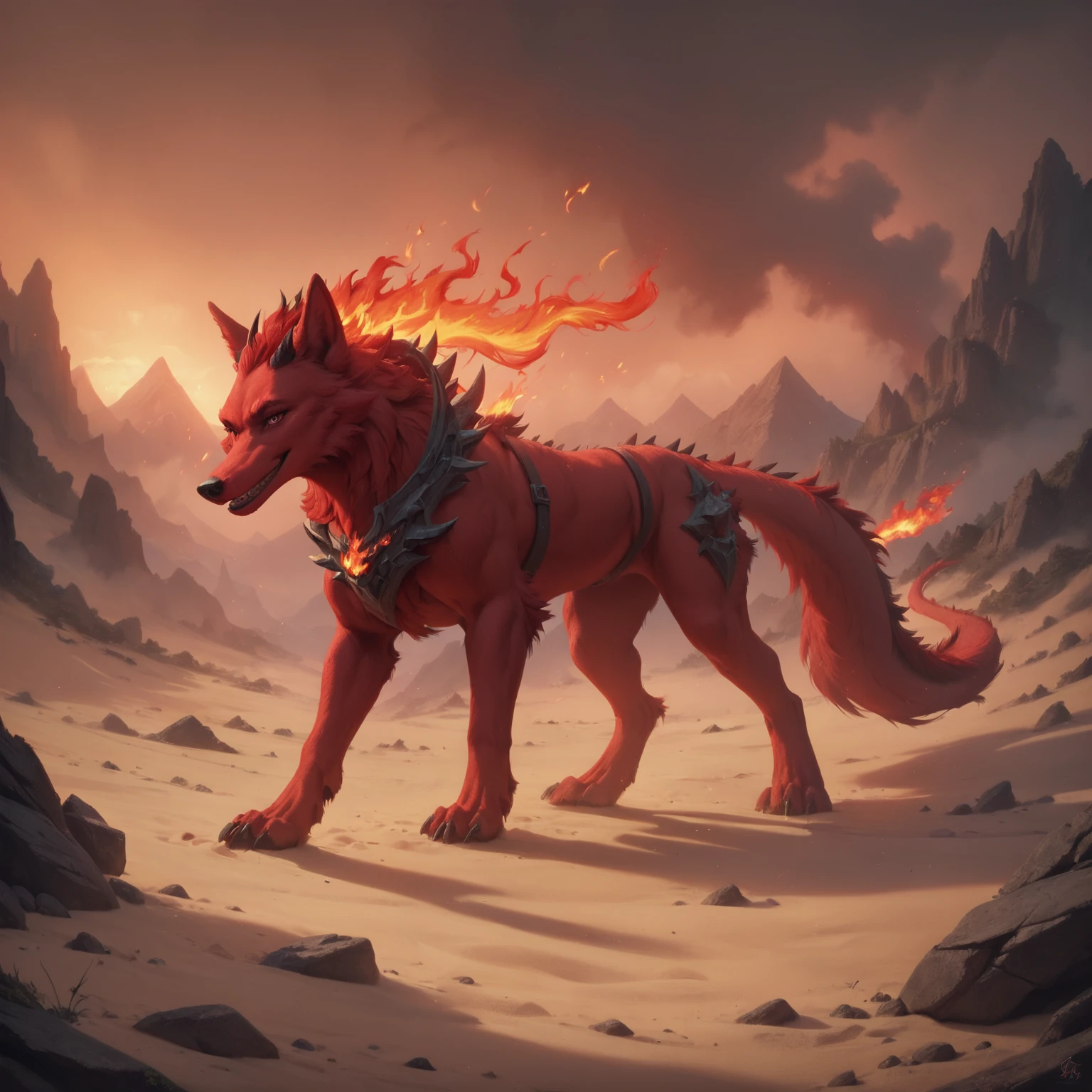 hellhound, flames, mountains, black stone, red theme, sand, <lora:ponyfire:1>, elementalplanefire, red dragon, BREAK score_9, score_8_up, score_7_up, best quality, masterpiece, 4k, prefect lighting, very aesthetic, zPDXL2