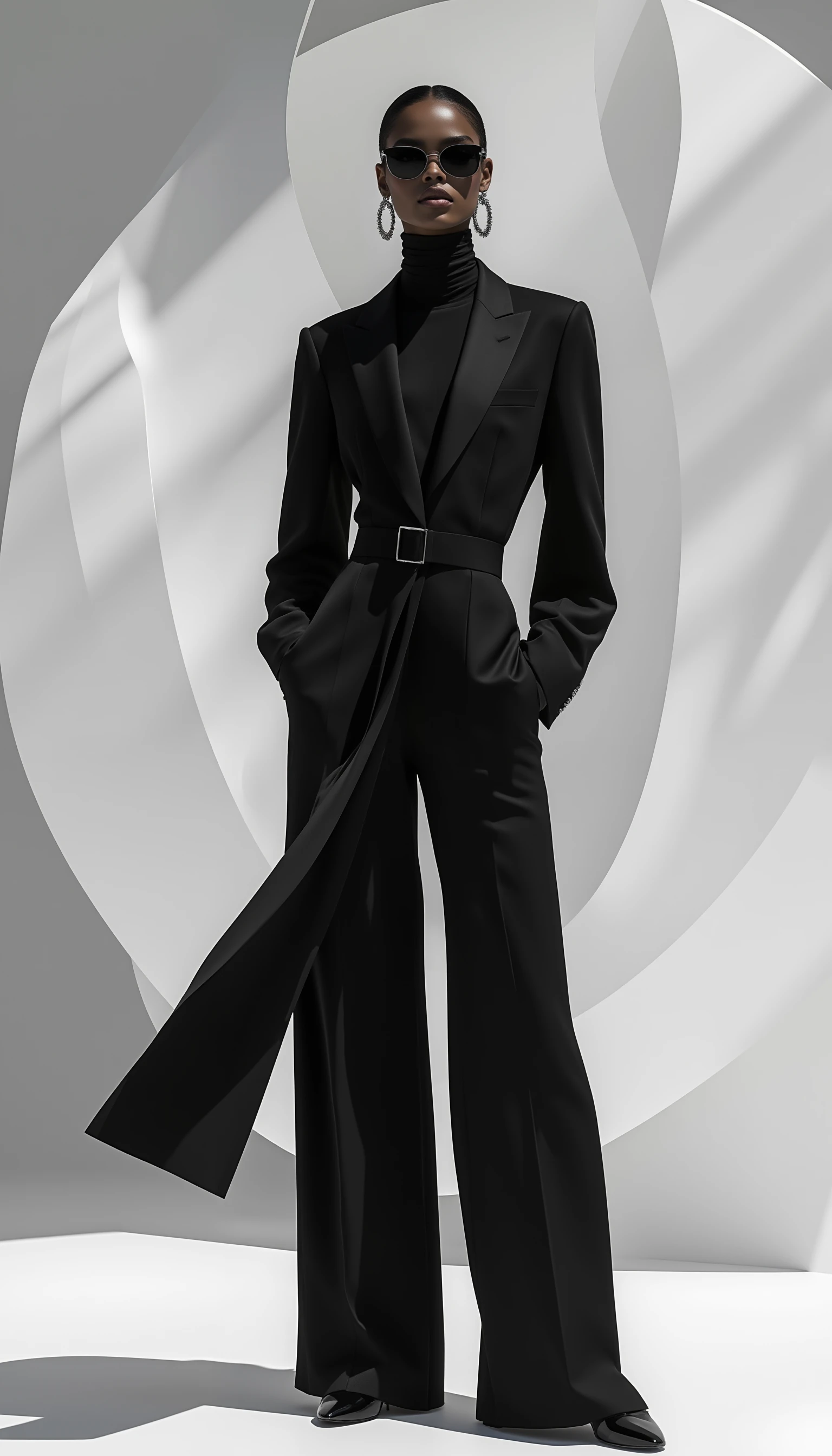 A timeless and elegant fashion editorial, featuring a striking and sophisticated model wearing a tailored, cutting-edge outfit. The image captures the harmonious blend of bold and dynamic design with refined and understated elegance. The overall composition is sleek, minimalistic, and polished, with a background that incorporates delicate, ethereal textures like flowing drapery, soft gradients, or gentle light reflections. These features create a dynamic yet understated environment that enhances the modelâs elegance without overwhelming the scene. <lora:Midjourney_Whisper_Elegance:1>,