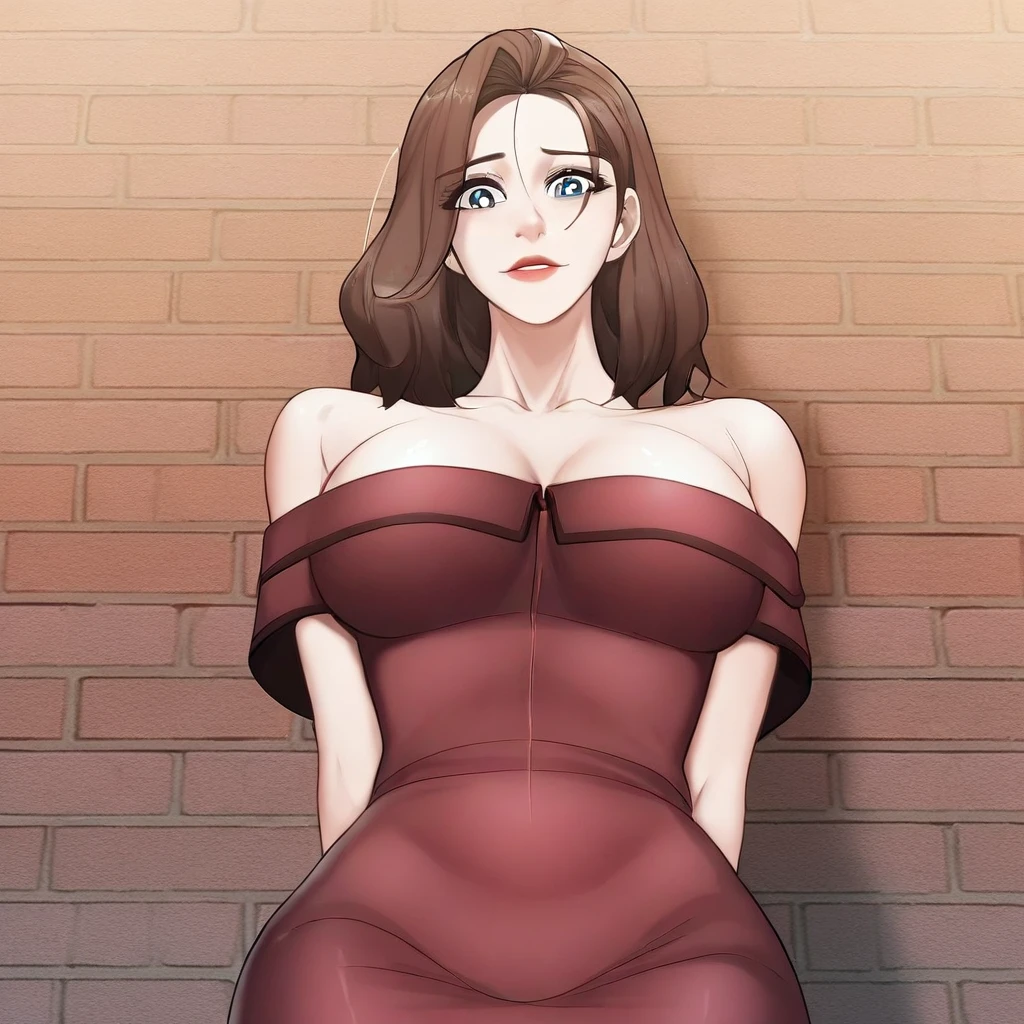 score_9, score_8_up, score_7_up, ASCII masterpiece, source_anime, BREAK, 1girl, solo, (( <lora:joo_jin-woo:1> , joo_jin-woo, thin waist, wide hips, beautiful skin, beautiful dark blue eyes, clear eyes, bright pupils, beautiful eyes, beautiful dark brown hair, beautiful long hair, huge and shaggy breasts, natural beauty, extraordinary beautiful woman, attractive woman, super sexy woman, lustful body, sexy woman with seductive obscene body, sensual body, voluptuous body, sexy beauty, no piercings, no piercing, )), (luxury sexy red short sleeves shoulderless dress, obscene cleavage, huge cleavage, ), sexy pose, seducative smile, outdoor, sky, wall, bricks, looking at viewer, horny, seductive, hands behind back, standing, from below, cowboy shot, front view, closing up, leans forward, huge cleavage,