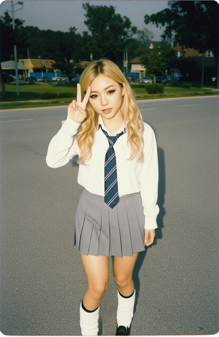 a girl photo taken by vintage instant film camera,<lora:Heiseii_Kogyaru_Flux:1>,Heisei_Kogyaru_Flux,she is wearing school uniform with necktie,grey pleated skirt,loose socks,loafer,she has tanned skin buut very shiny,she has partially blonde hair with heavy makeup specially for eye makeup,she stands like a model posing,and putting hand on her face with peace sign,<lora:foot feet v1:1>,Hand,