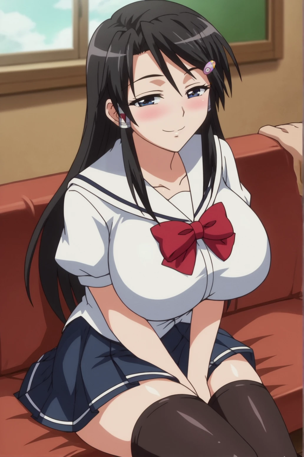 score_9, score_8_up, score_7_up,anime_source, source_anime, best background, detailed background, anime screencap,  Takashima, blush, huge breasts, bow, school uniform, sitting, sofa, skirt, smile, black thighhighs, horny, naughty face, indoors, <lora:JN_Shigure_Takashima:0.8>