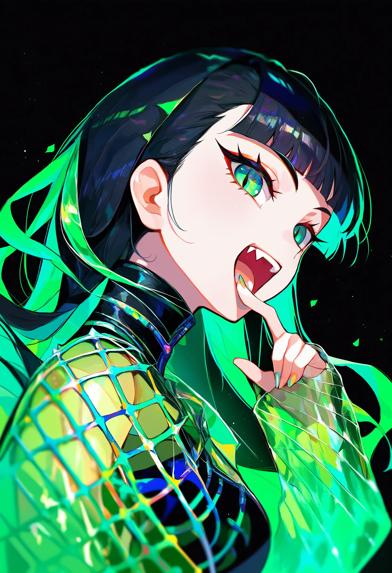 colorful, dark, black theme ,green theme, 1girl, light, upper body, see-through sleeves, looking at viewer, from side, black hair, black background, cheek pull, teeth, fang, slit pupils, hand to own mouth, open mouth,
score_9, score_8_up, score_7_up, score_6_up, absurdres, masterpiece, best quality, very aesthetic
<lora:pony_color_theory_dora_v1:1.1>