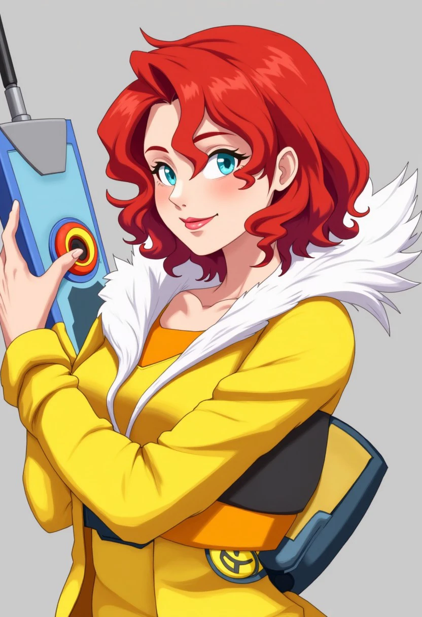 realistic, detailed, female with red hair and blue eyes wearing yellow dress and jacket, fur trim, tr4nsist0r, looking at viewer, holding weapon tech sword, sword