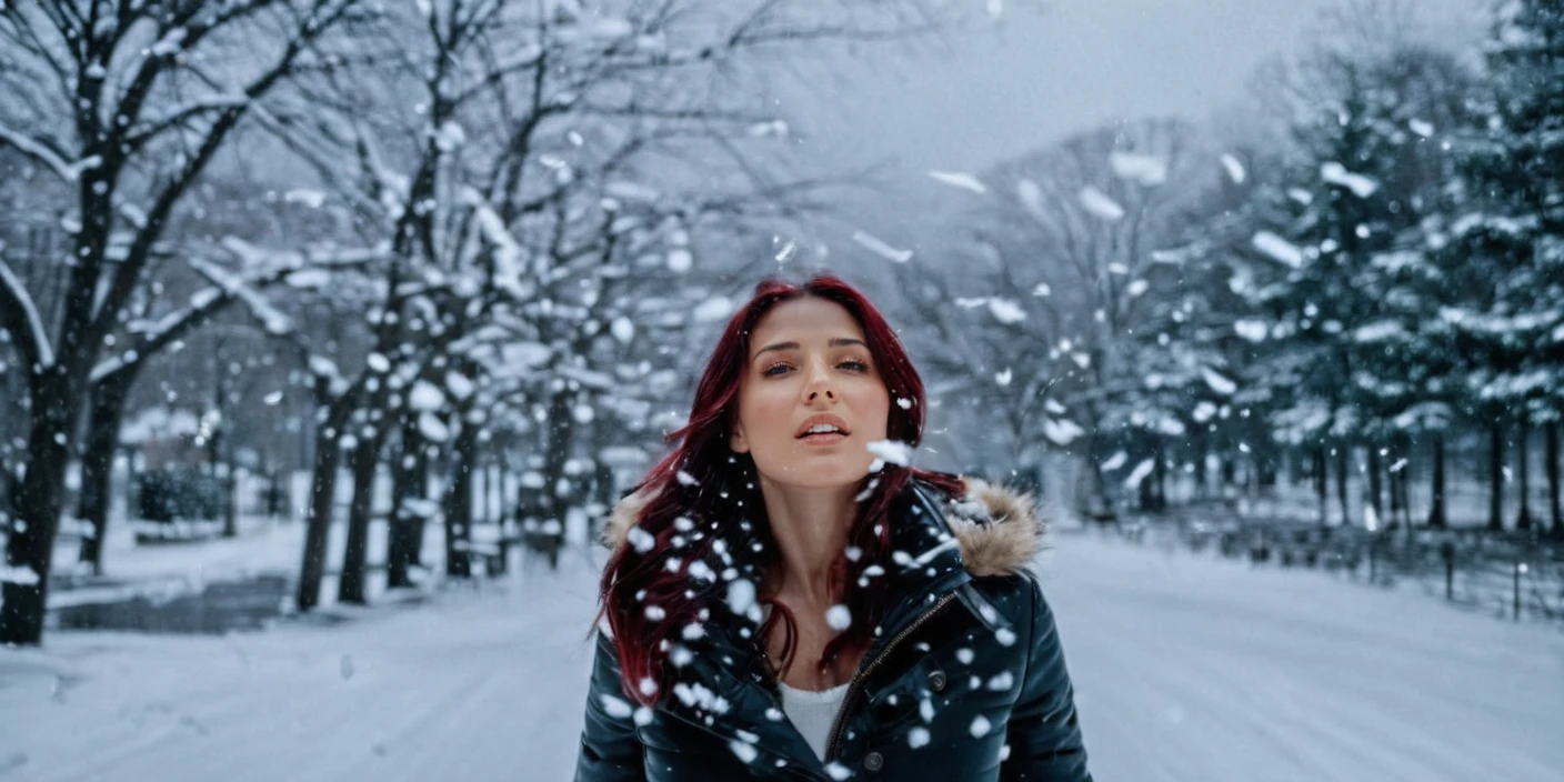 A realistic scenery photo, upper body shot of a woman with falling snow, trees without leaves, snowing, winter, hvsnw, <lora:Heavy_Snow:1>. Highest quality, best resolution, epic cinematic lighting