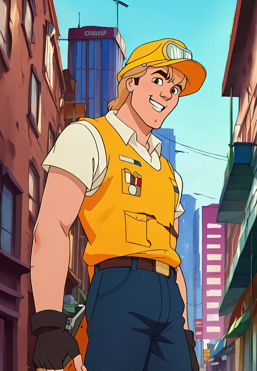 score_9, score_8_up, score_7_up, score_6_up,  animation, retro artstyle, disney style, <lora:Zak_pxl_V0.0-000050:0.8> z9k, 1boy, a smiling boy is using a hammer on a construction site. he is wearing a hardhat a orange safetyvest and black pants, close-up
 location: construction site, skyscraper, city, outdoors, action, movement, 
artistic composition
 <lora:Invincible_Animation_style_PDXL:0.7> invinciblestyle